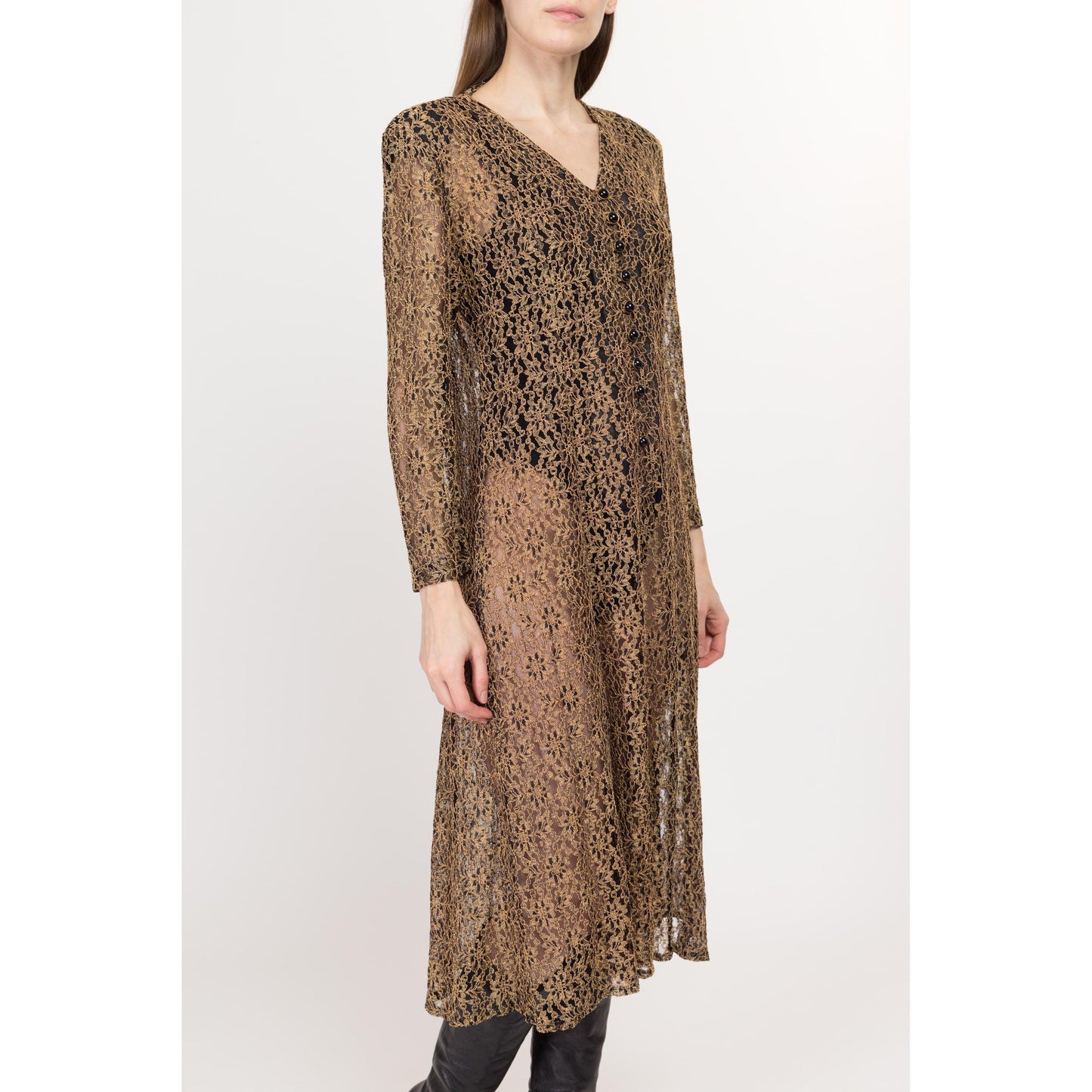 Med-Lrg 80s Sheer Gold Floral Lace Midi Dress | Vintage Long Sleeve Button Front Grunge Dress