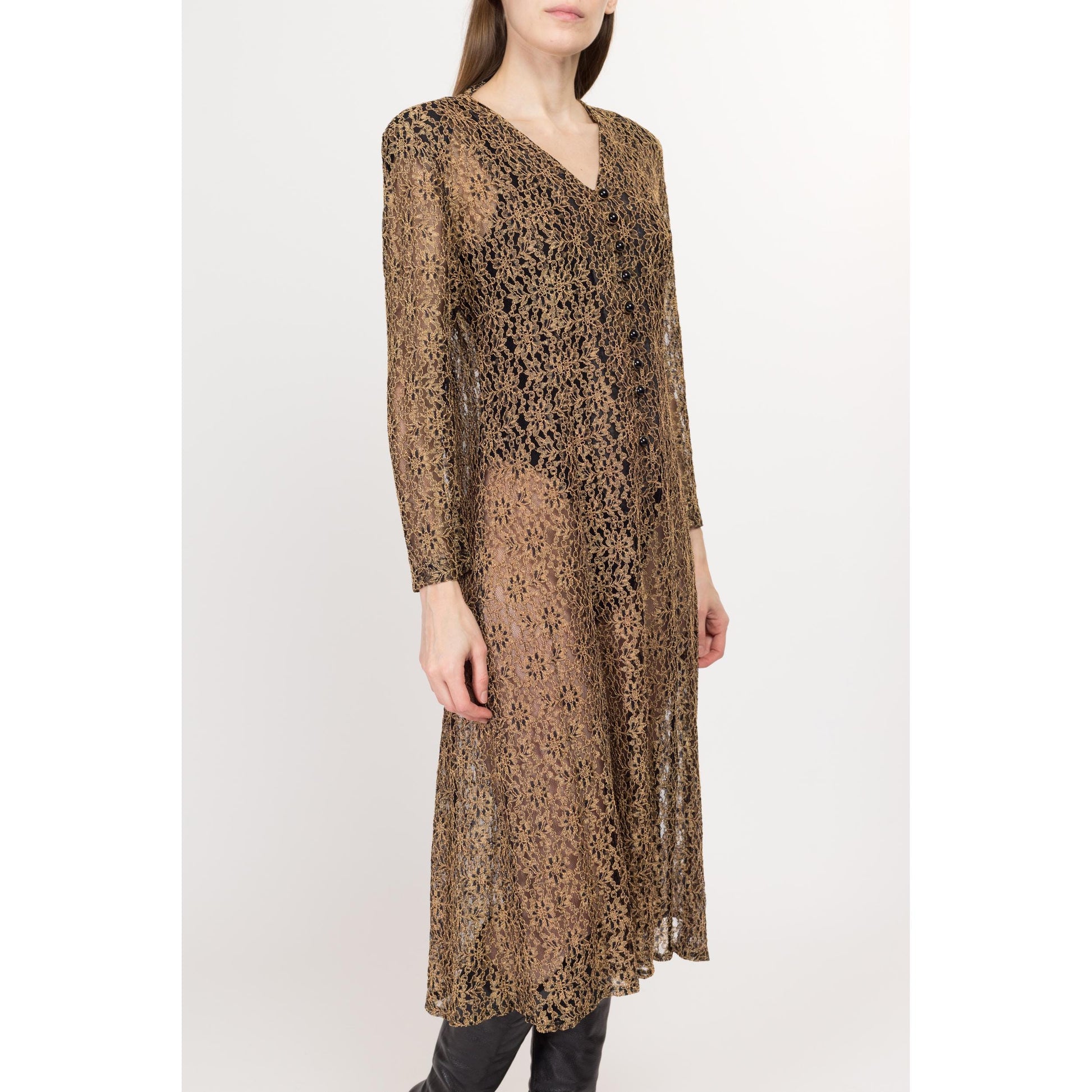 Med-Lrg 80s Sheer Gold Floral Lace Midi Dress | Vintage Long Sleeve Button Front Grunge Dress