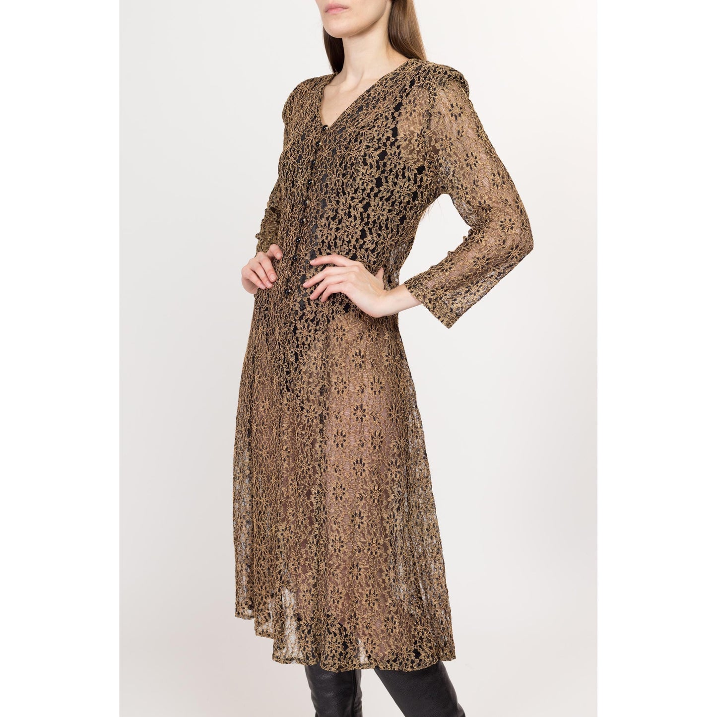 Med-Lrg 80s Sheer Gold Floral Lace Midi Dress | Vintage Long Sleeve Button Front Grunge Dress