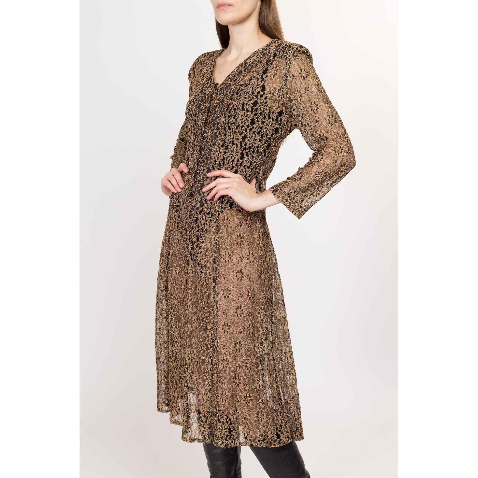 Med-Lrg 80s Sheer Gold Floral Lace Midi Dress | Vintage Long Sleeve Button Front Grunge Dress