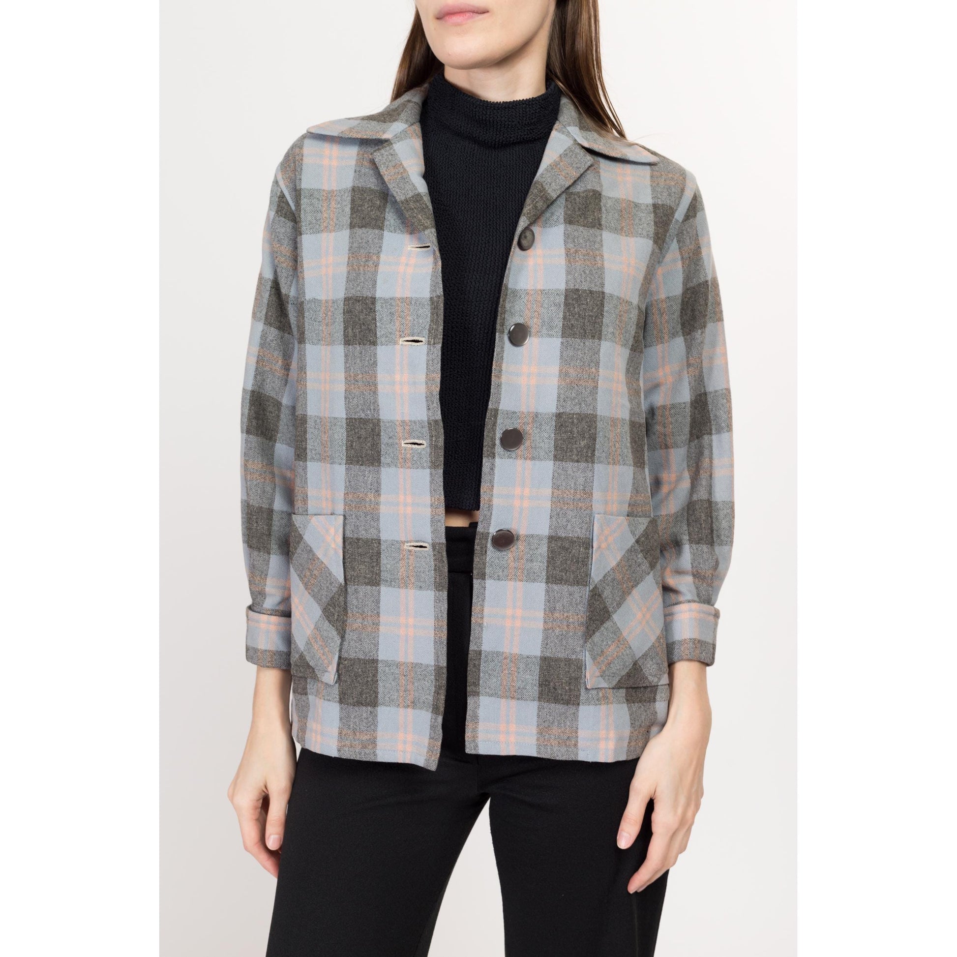 Small 1950s Grey Plaid 49er Shirt Jacket | Vintage 50s Rockabilly Button Up Pocket Overshirt Shacket