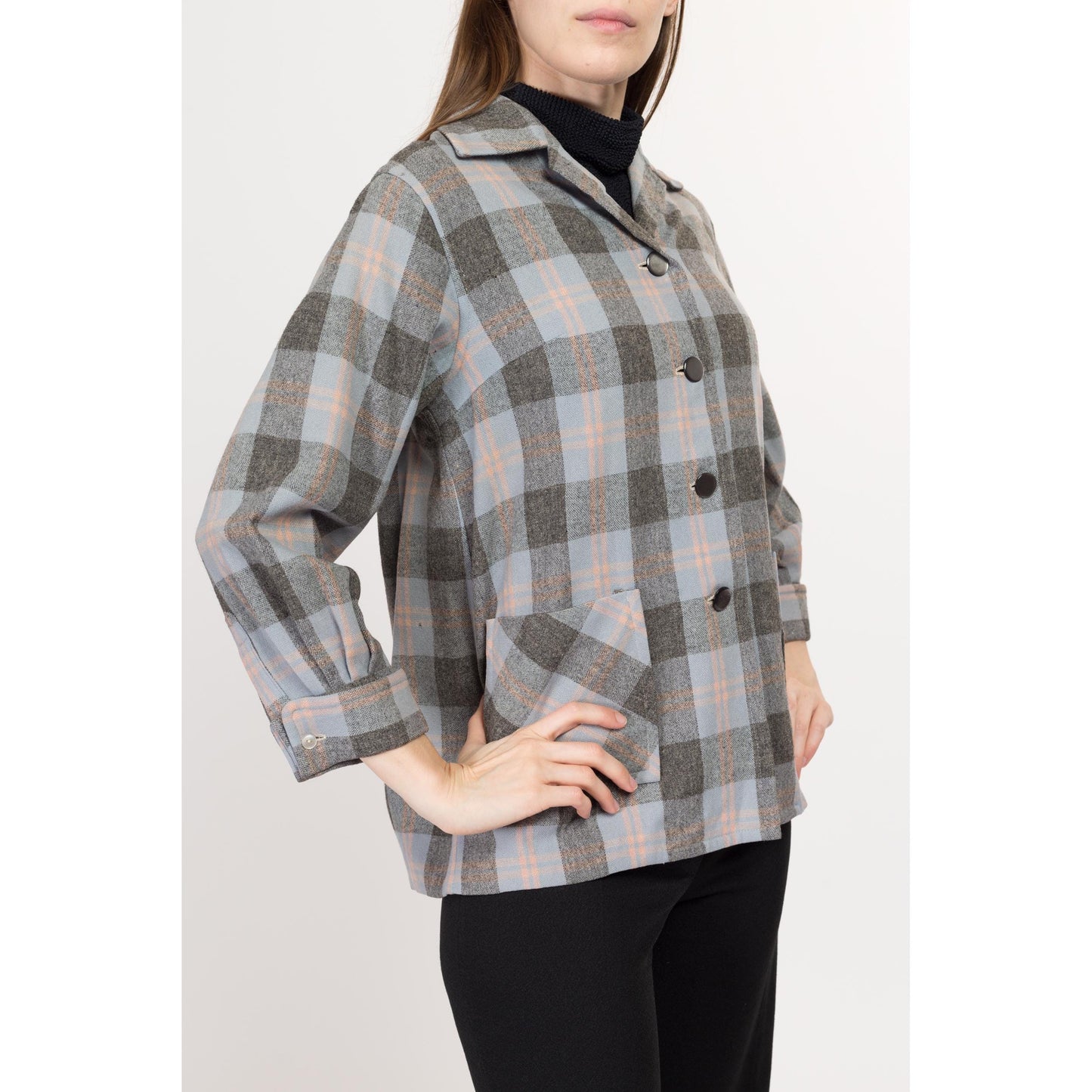 Small 1950s Grey Plaid 49er Shirt Jacket | Vintage 50s Rockabilly Button Up Pocket Overshirt Shacket