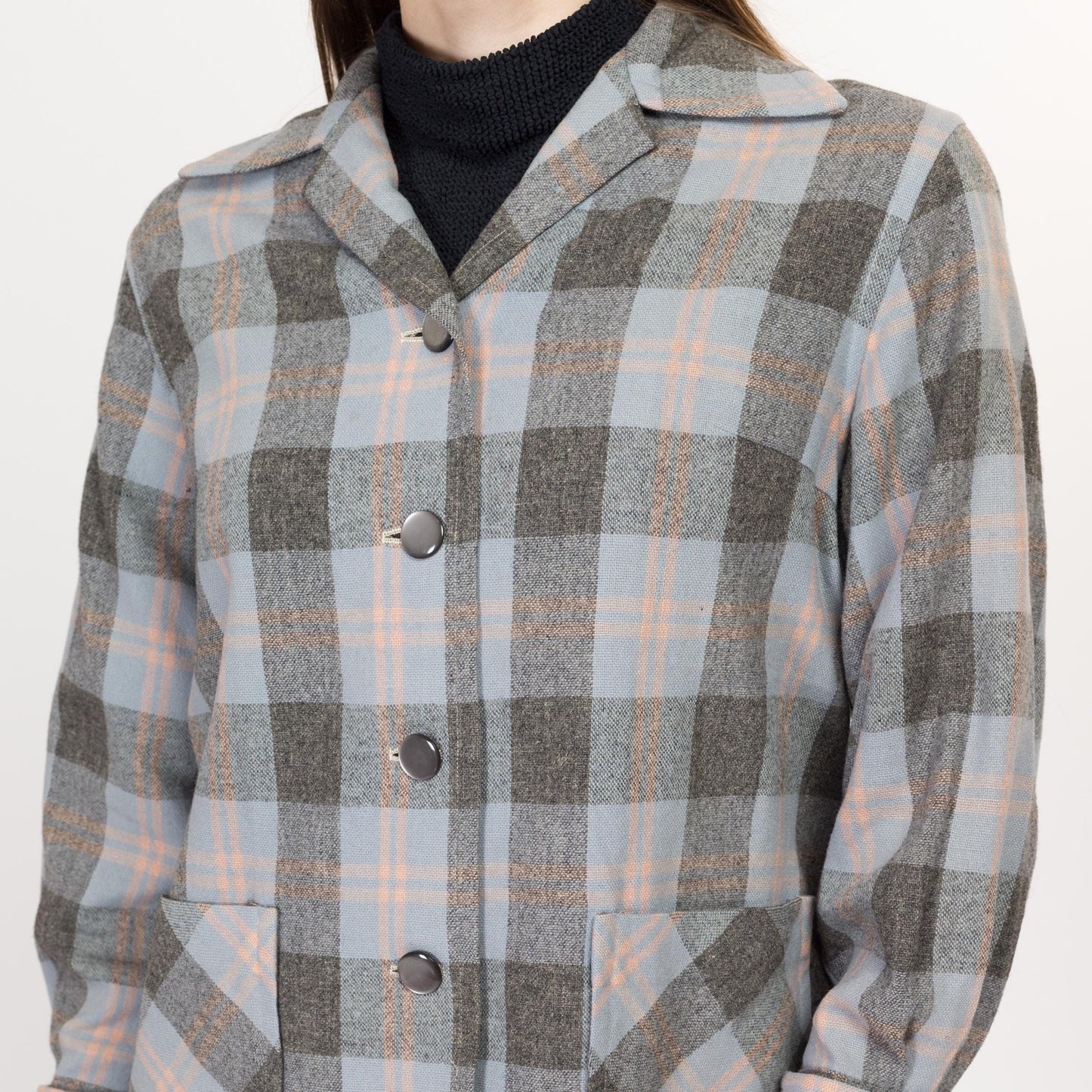 Small 1950s Grey Plaid 49er Shirt Jacket | Vintage 50s Rockabilly Button Up Pocket Overshirt Shacket