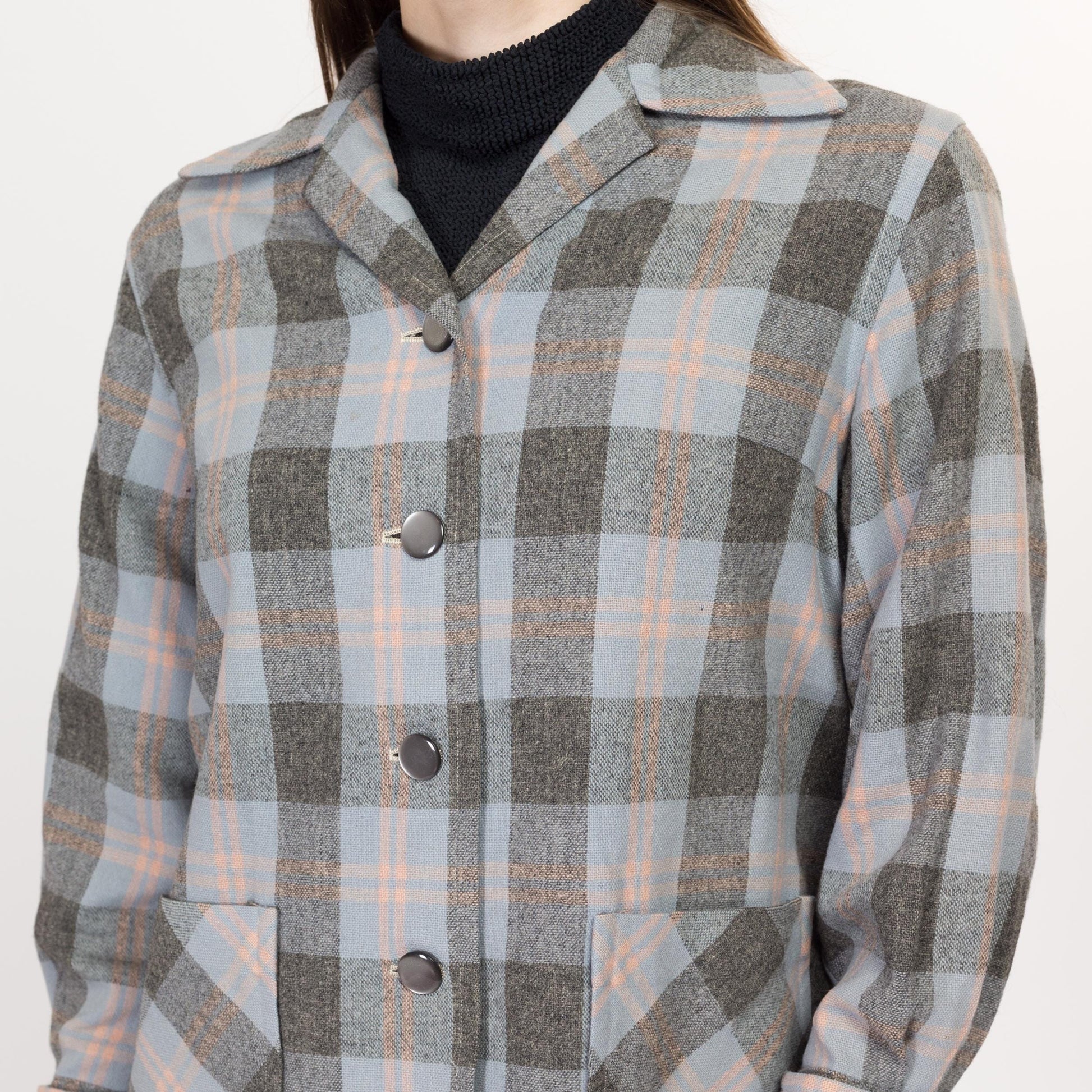 Small 1950s Grey Plaid 49er Shirt Jacket | Vintage 50s Rockabilly Button Up Pocket Overshirt Shacket