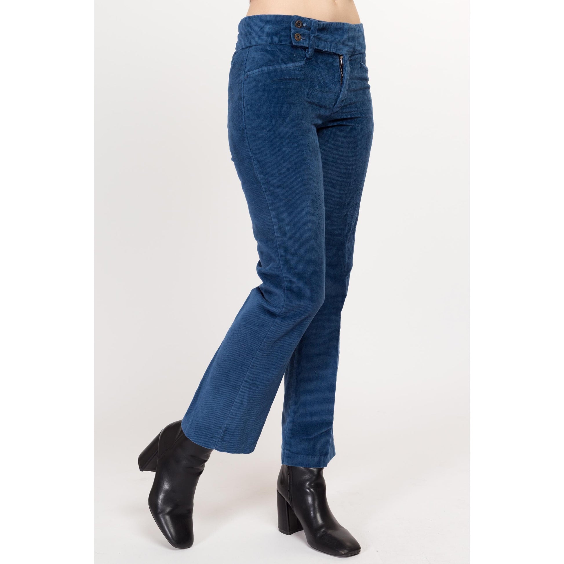 Small 70s Blue Corduroy Kick Flare Pants | Vintage Cords Mid Rise Retro Bootcut Trousers
