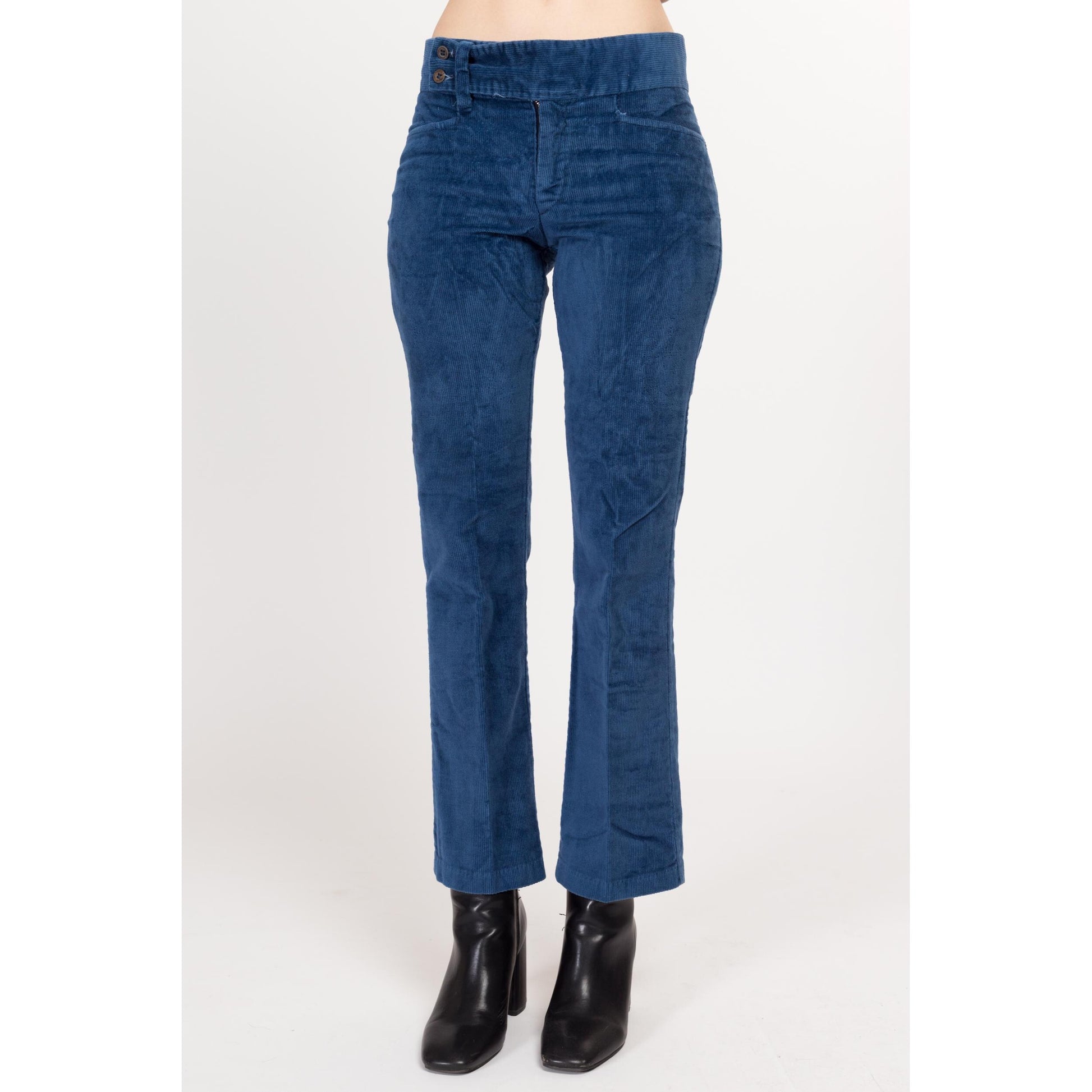 Small 70s Blue Corduroy Kick Flare Pants | Vintage Cords Mid Rise Retro Bootcut Trousers