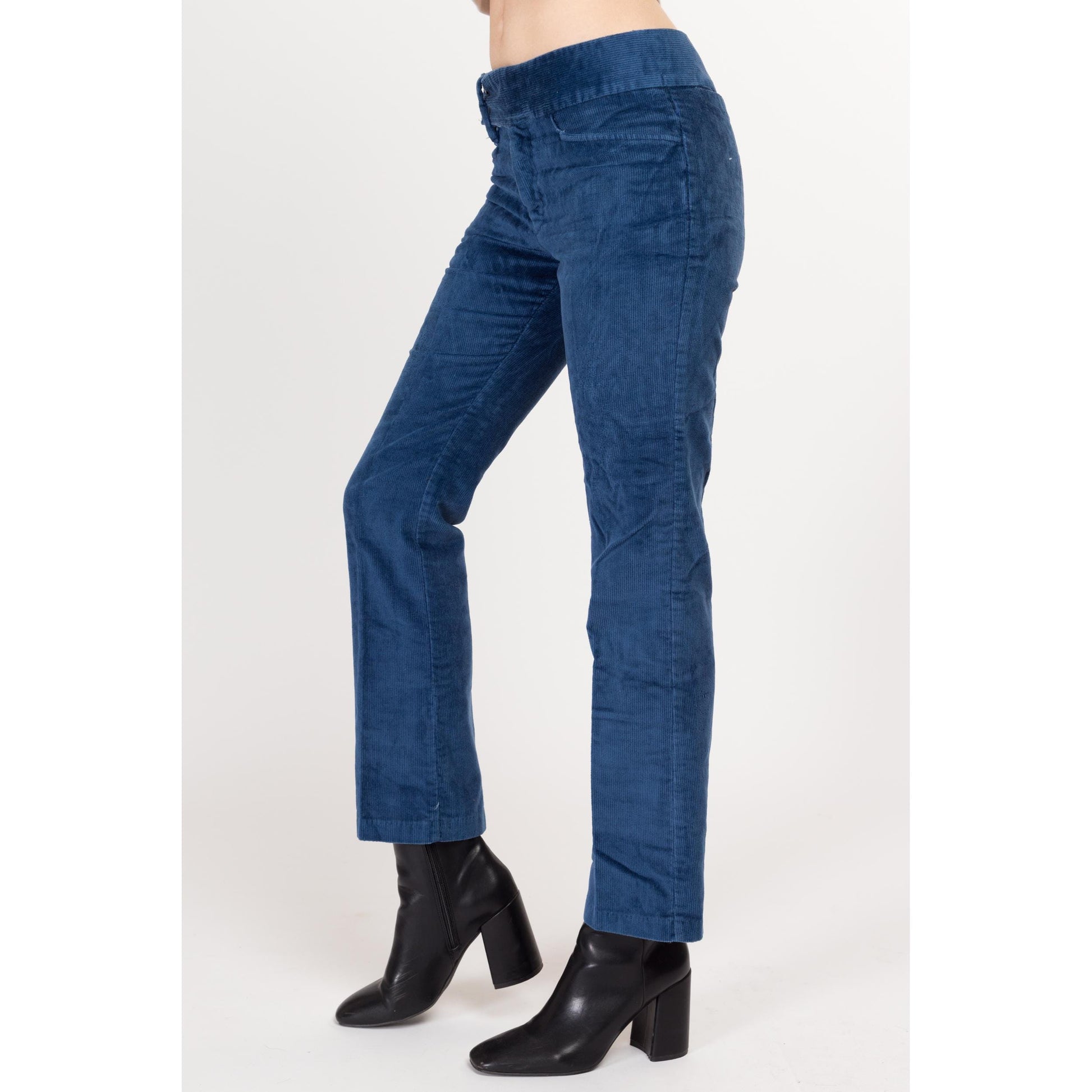 Small 70s Blue Corduroy Kick Flare Pants | Vintage Cords Mid Rise Retro Bootcut Trousers