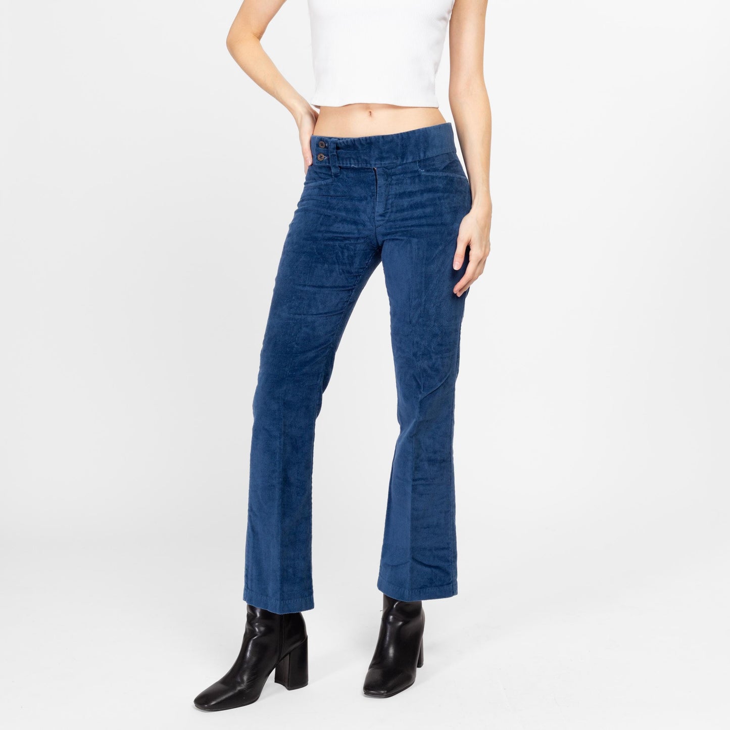 Small 70s Blue Corduroy Kick Flare Pants | Vintage Cords Mid Rise Retro Bootcut Trousers