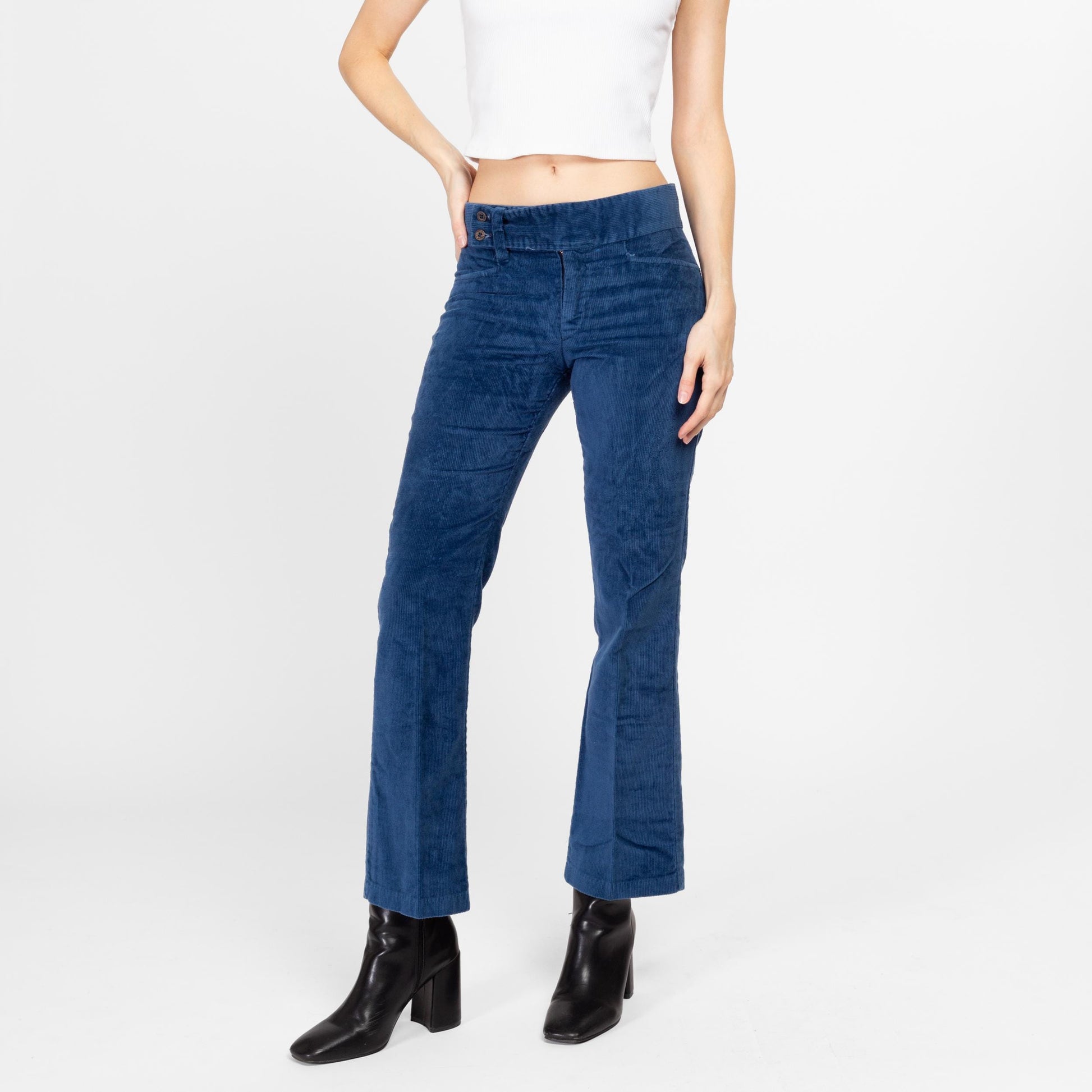 Small 70s Blue Corduroy Kick Flare Pants | Vintage Cords Mid Rise Retro Bootcut Trousers