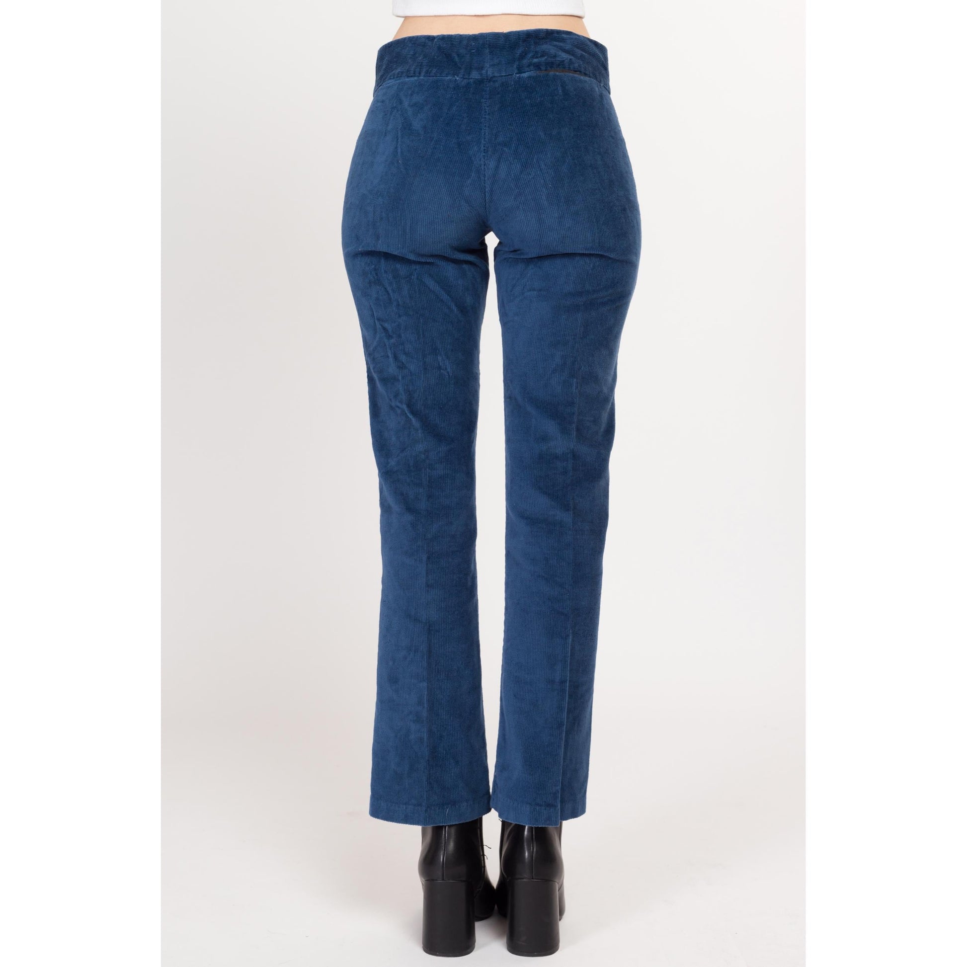 Small 70s Blue Corduroy Kick Flare Pants | Vintage Cords Mid Rise Retro Bootcut Trousers