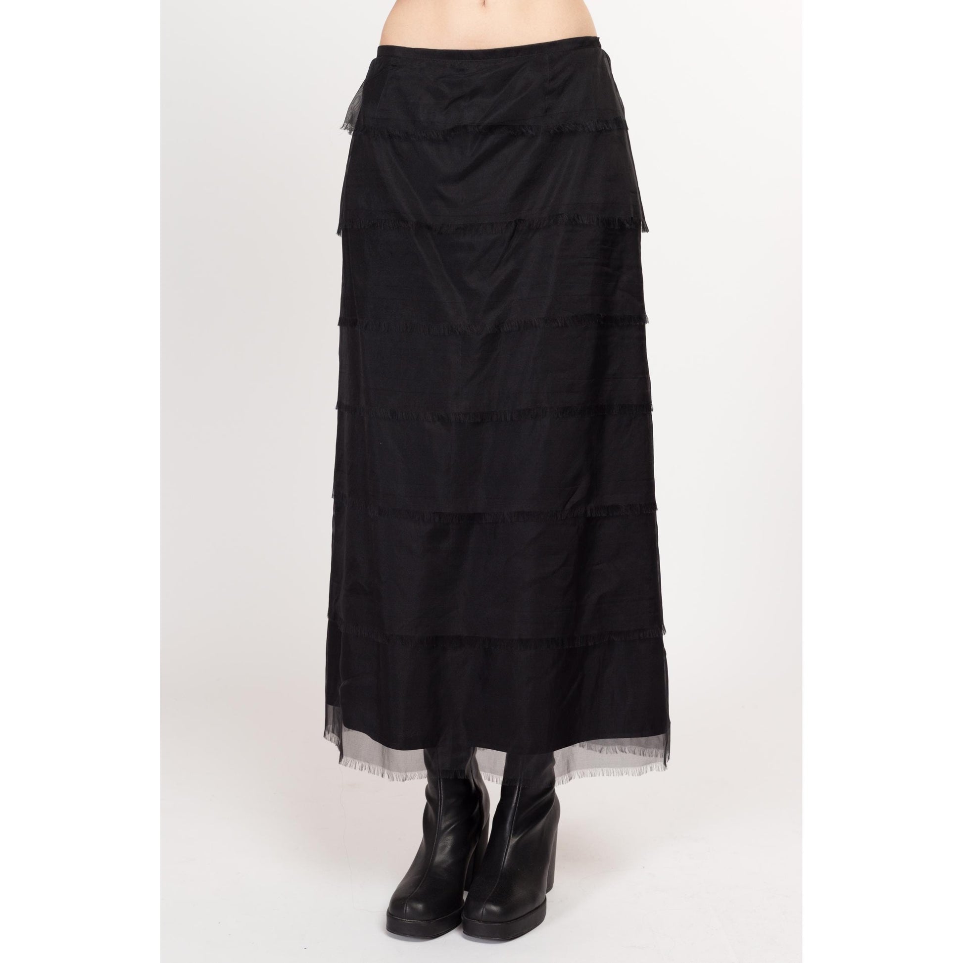 Medium 90s Tadashi Black Silk Tiered Maxi Skirt 29" | Vintage Fringe Gothic Formal High Waisted Skirt
