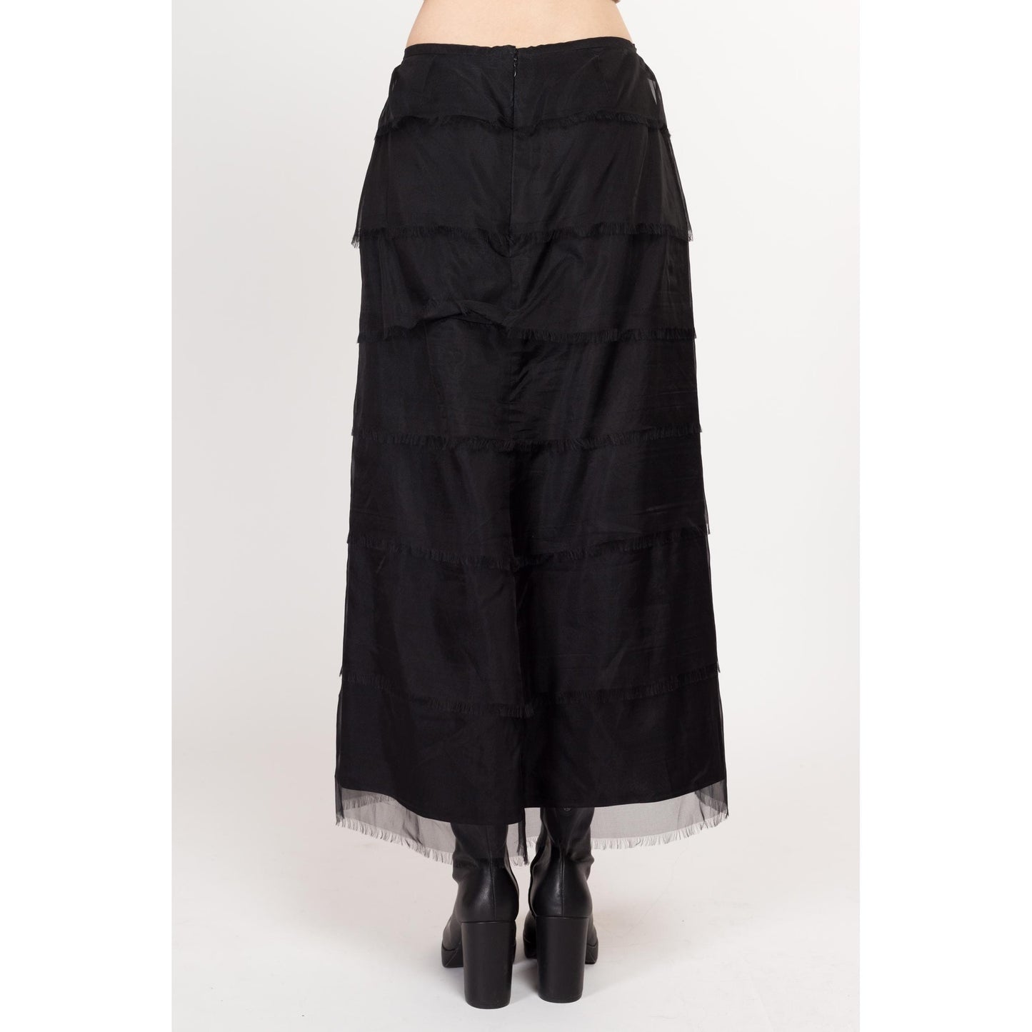 Medium 90s Tadashi Black Silk Tiered Maxi Skirt 29" | Vintage Fringe Gothic Formal High Waisted Skirt