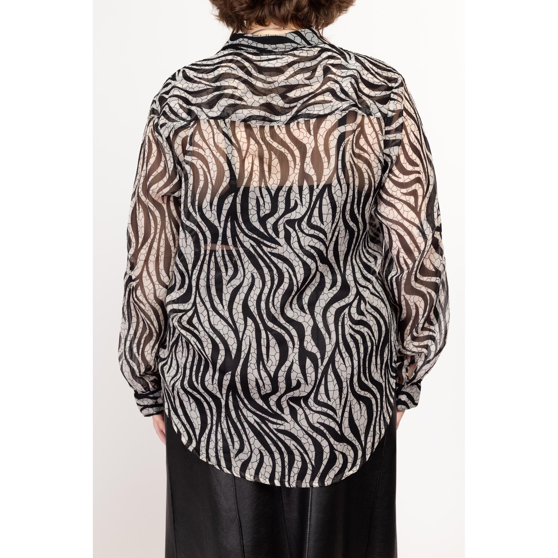 One Size Plus 80s Sheer Zebra Print Blouse | Vintage Long Sleeve Collared Button Up Top