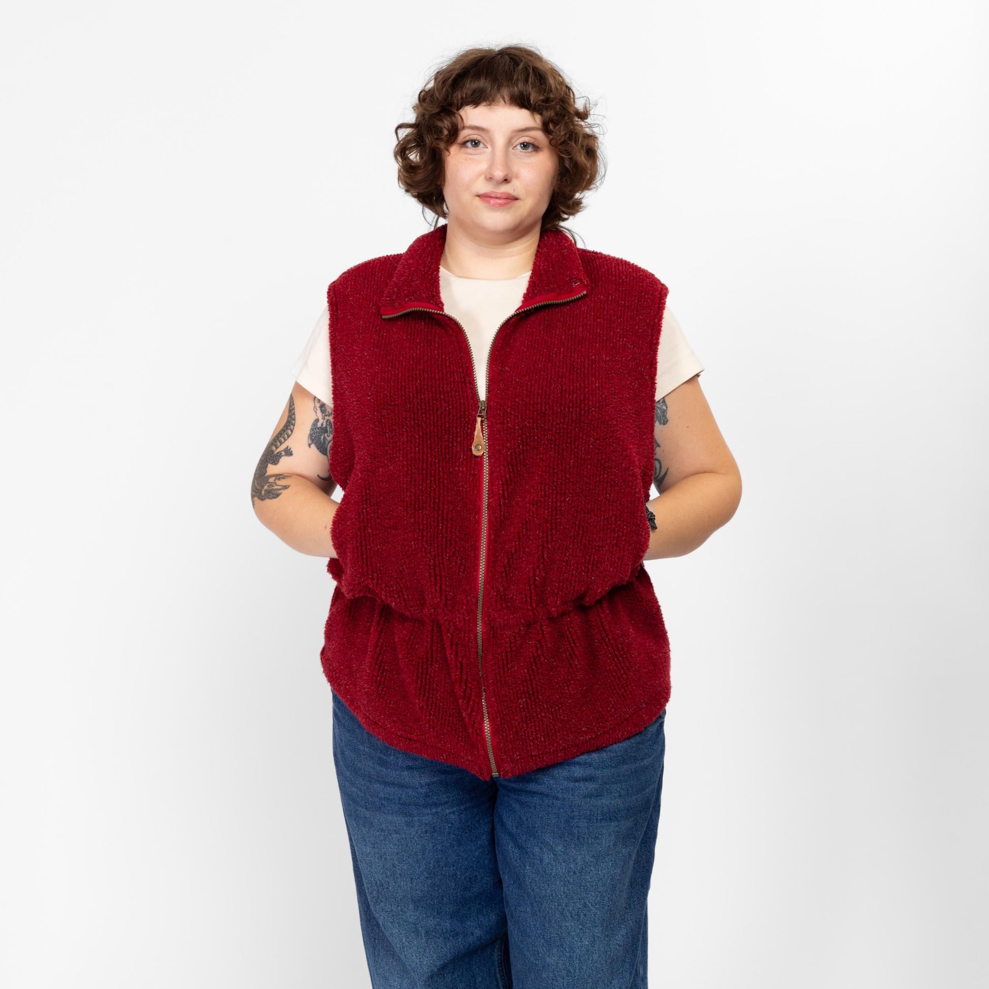 XL 90s Columbia Rust Red Fleece Vest | Vintage Drawstring Waist Zip Up Sleeveless Sweatshirt