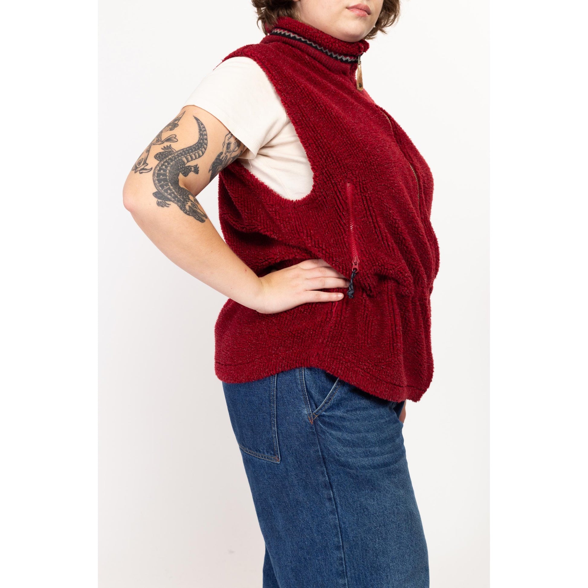 XL 90s Columbia Rust Red Fleece Vest | Vintage Drawstring Waist Zip Up Sleeveless Sweatshirt