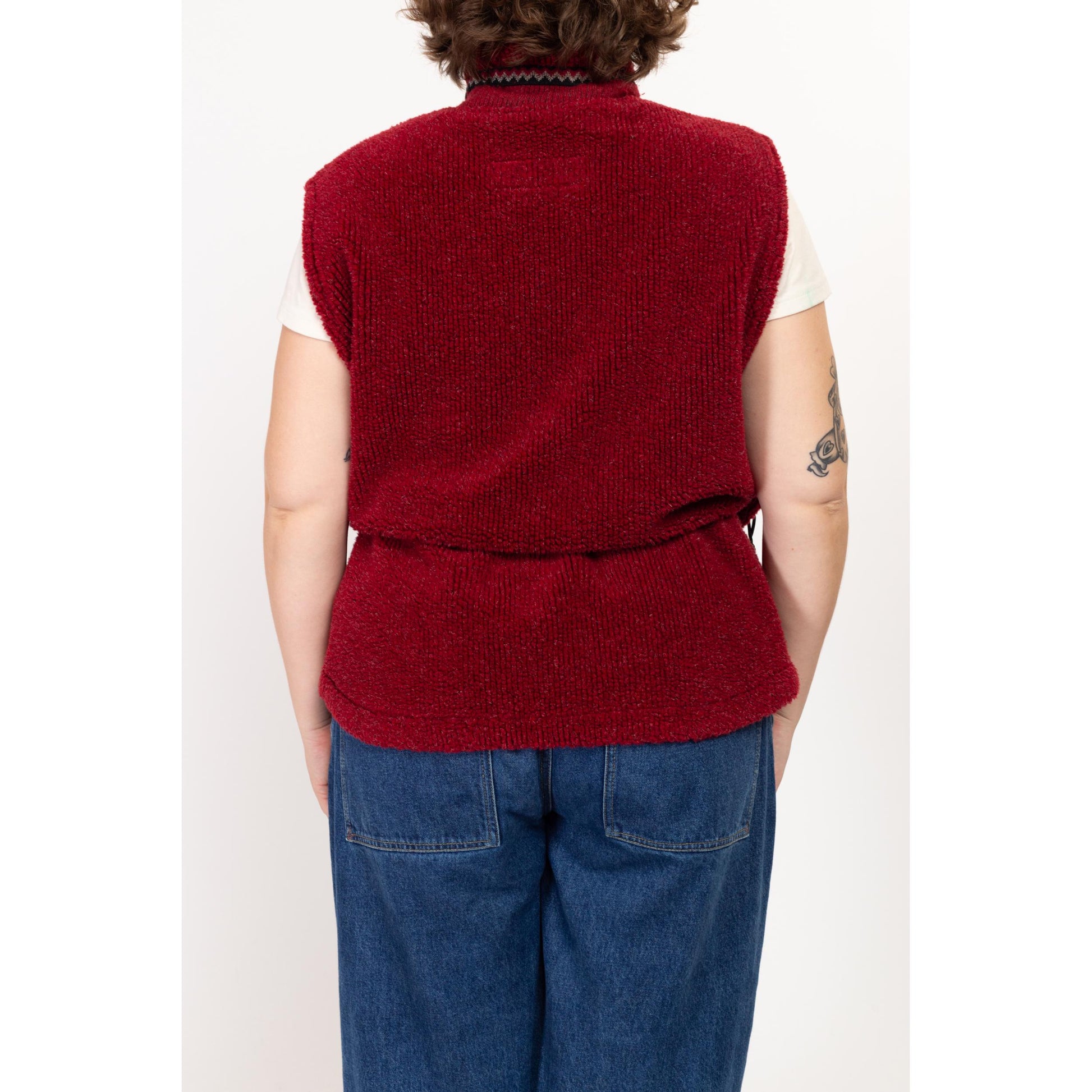 XL 90s Columbia Rust Red Fleece Vest | Vintage Drawstring Waist Zip Up Sleeveless Sweatshirt
