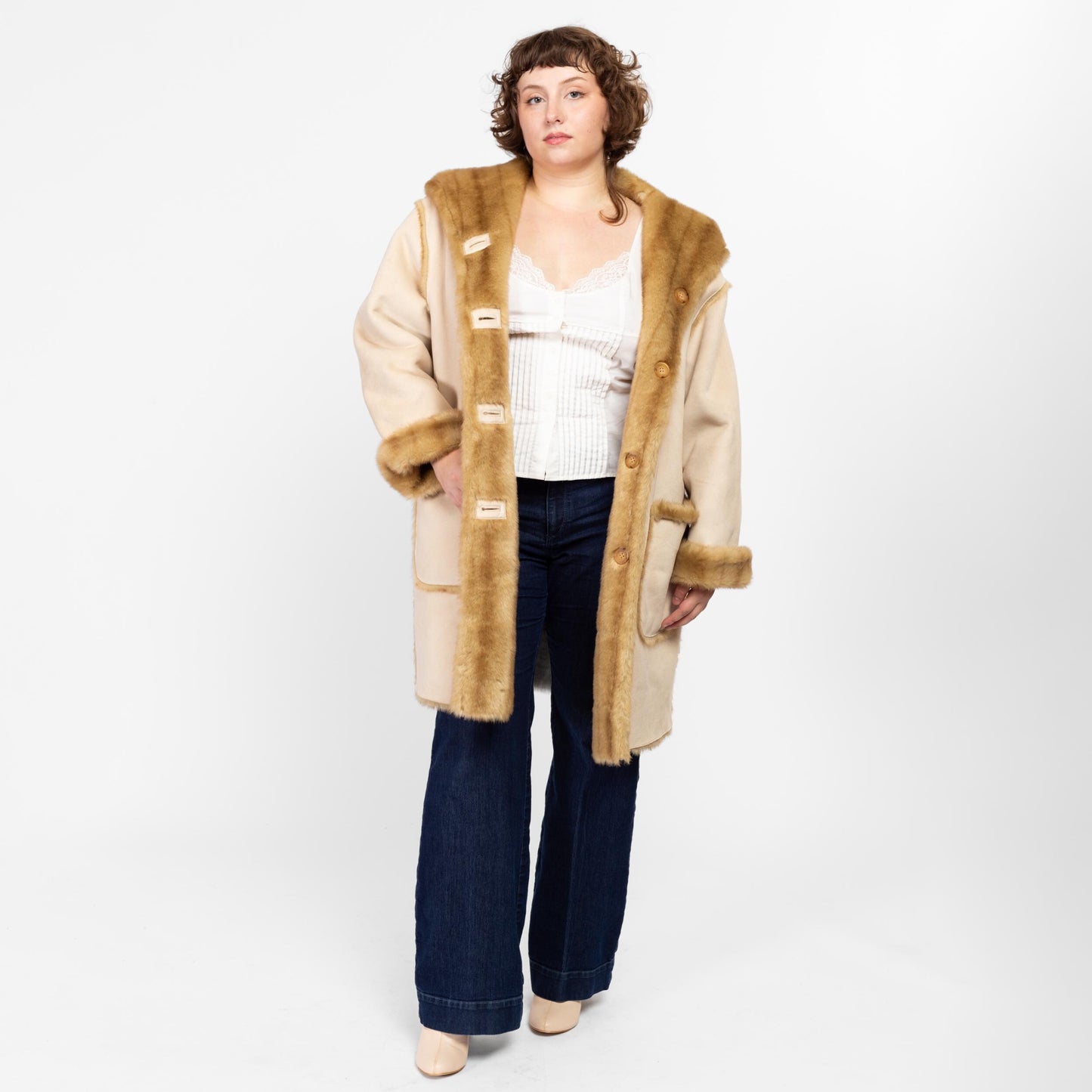 XL 90s Boho Reversible Faux Fur & Suede Coat | Vintage Jones New York Hooded Button Up Vegan Winter Coat