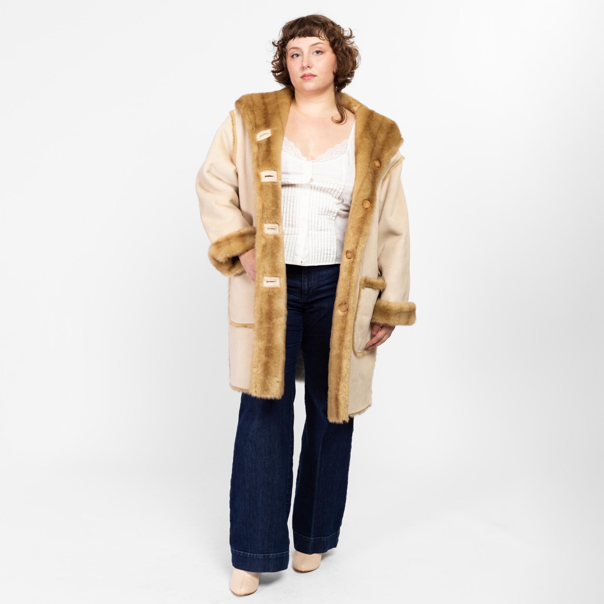 XL 90s Boho Reversible Faux Fur & Suede Coat | Vintage Jones New York Hooded Button Up Vegan Winter Coat