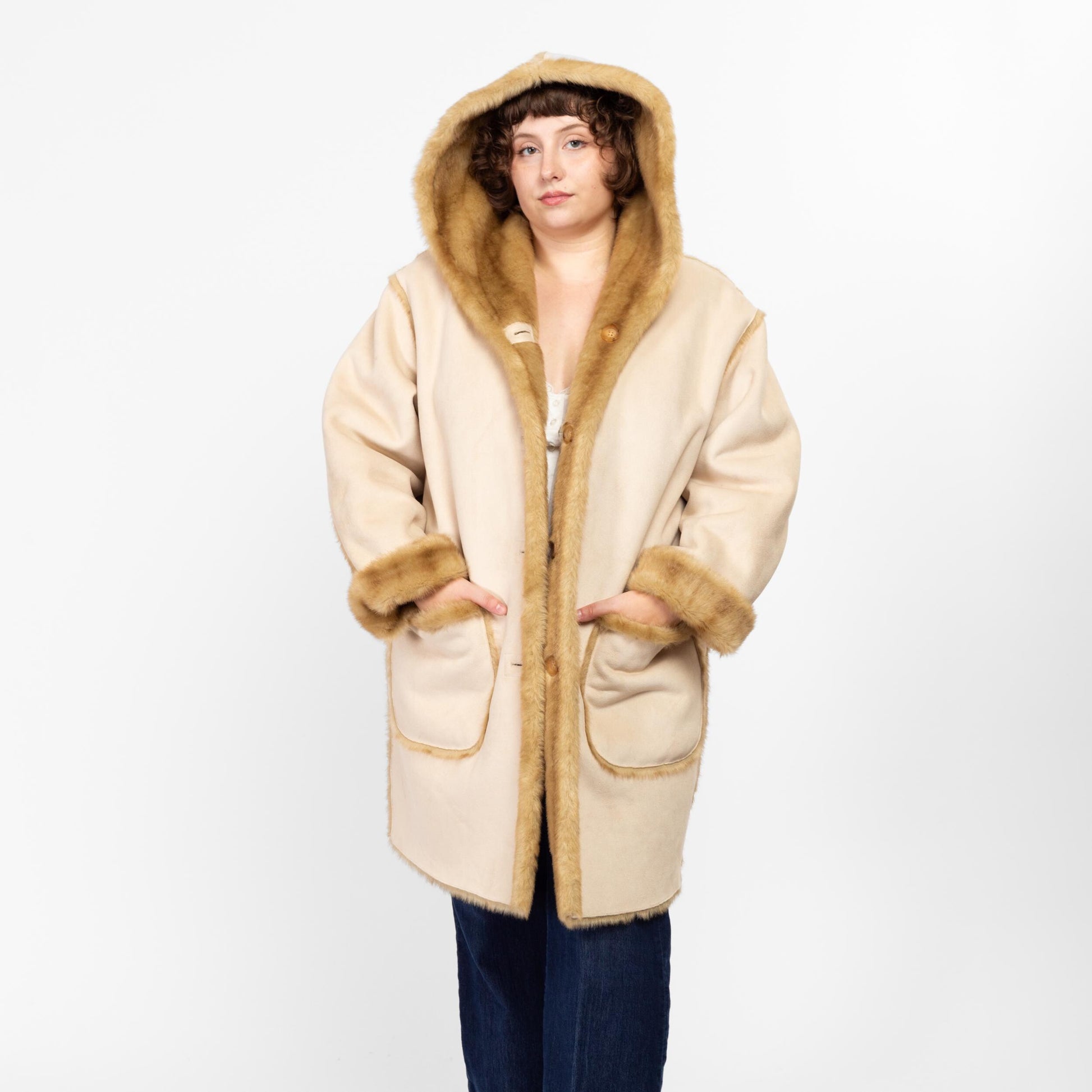 XL 90s Boho Reversible Faux Fur & Suede Coat | Vintage Jones New York Hooded Button Up Vegan Winter Coat