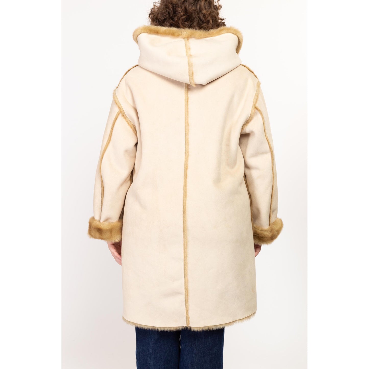 XL 90s Boho Reversible Faux Fur & Suede Coat | Vintage Jones New York Hooded Button Up Vegan Winter Coat