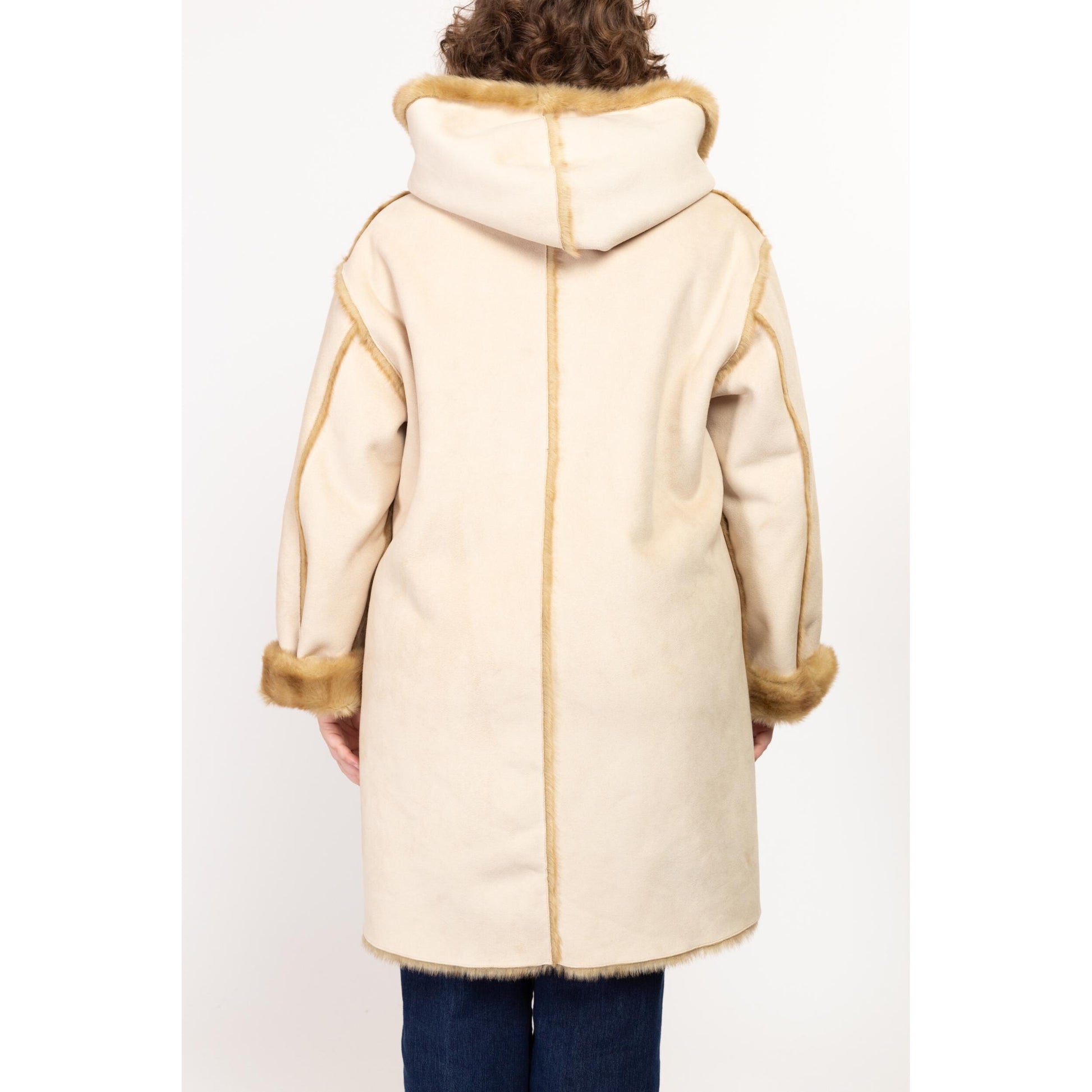 XL 90s Boho Reversible Faux Fur & Suede Coat | Vintage Jones New York Hooded Button Up Vegan Winter Coat