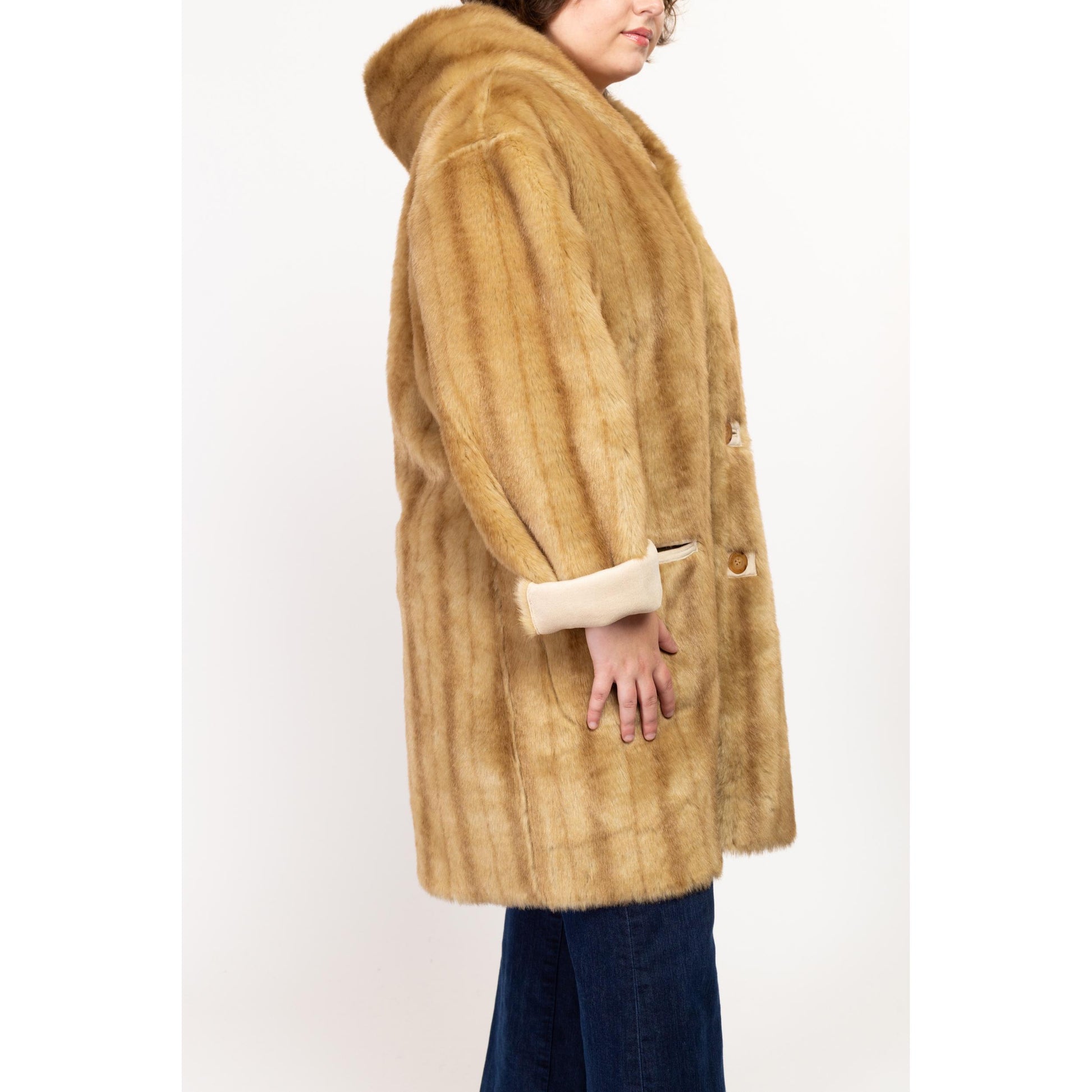 XL 90s Boho Reversible Faux Fur & Suede Coat | Vintage Jones New York Hooded Button Up Vegan Winter Coat