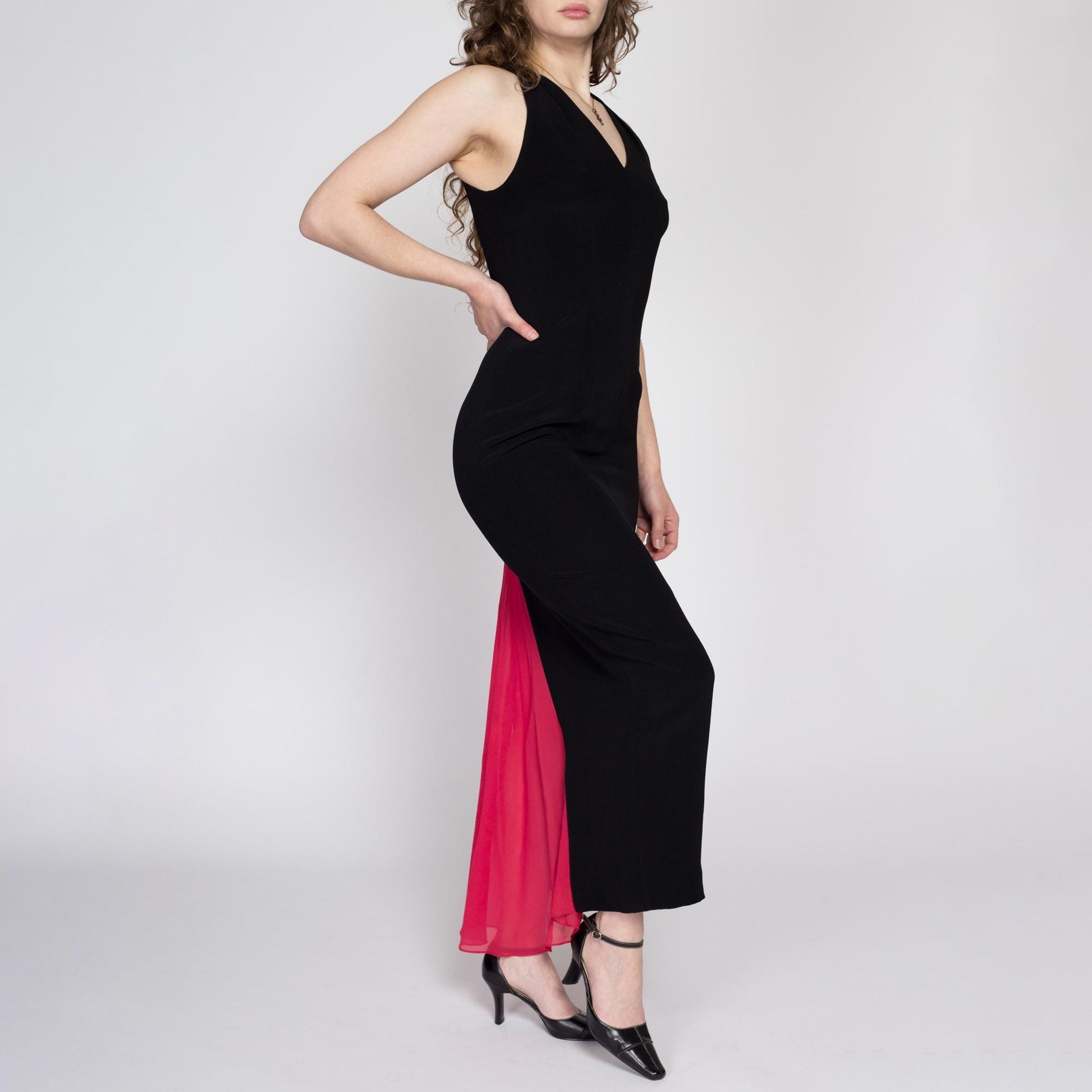80s Nicole Miller Peekaboo Train Maxi Dress - Medium | Vintage Black Red Fitted Sleeveless Cocktail Party Evening Gown