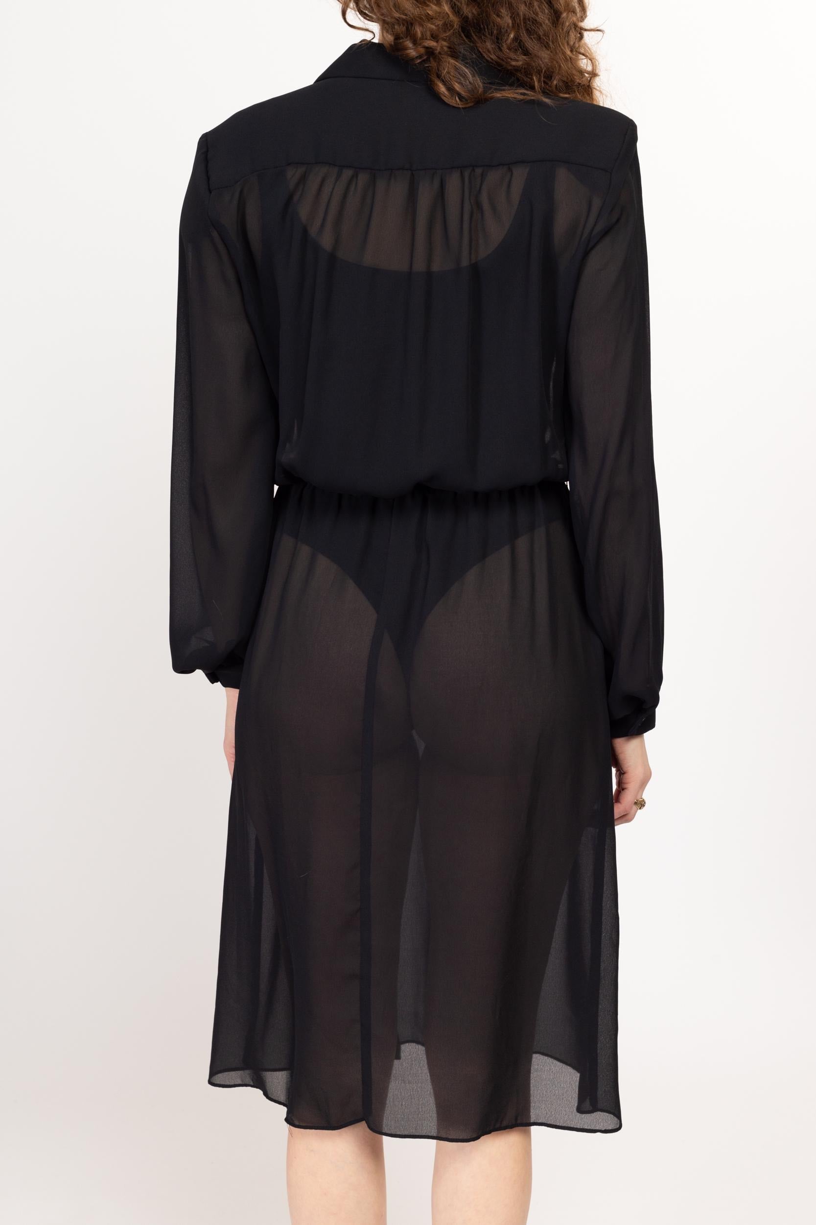 Large 70s Sheer Black Midi Shirtdress | Vintage Long Sleeve Double Breasted Minimalist Blouson Dress