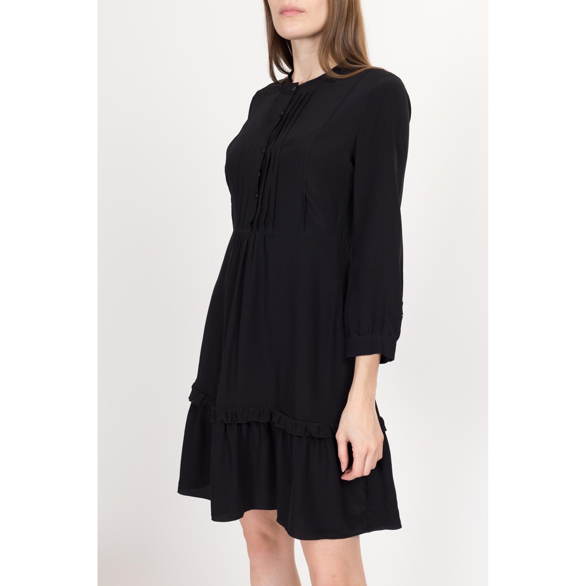 Small Y2K Miu Miu Black Silk Gothic Mini Dress | Vintage Designer 3/4 Sleeve Ruffle Party Dress