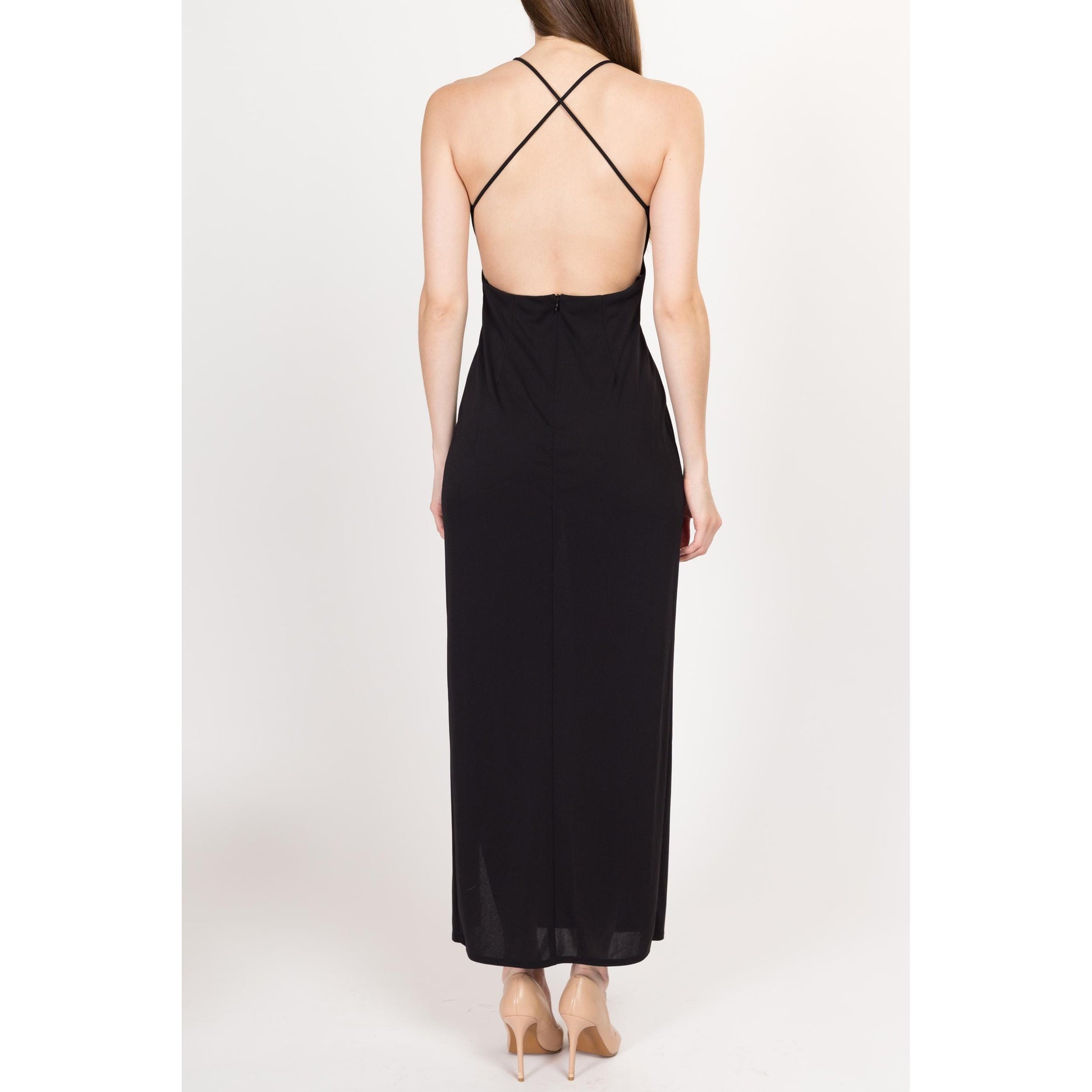 Small 90s Black Strappy Backless Maxi Dress Flying Apple Vintage Small 90s Black Strappy Backless Maxi Dress Flying Apple Vintage