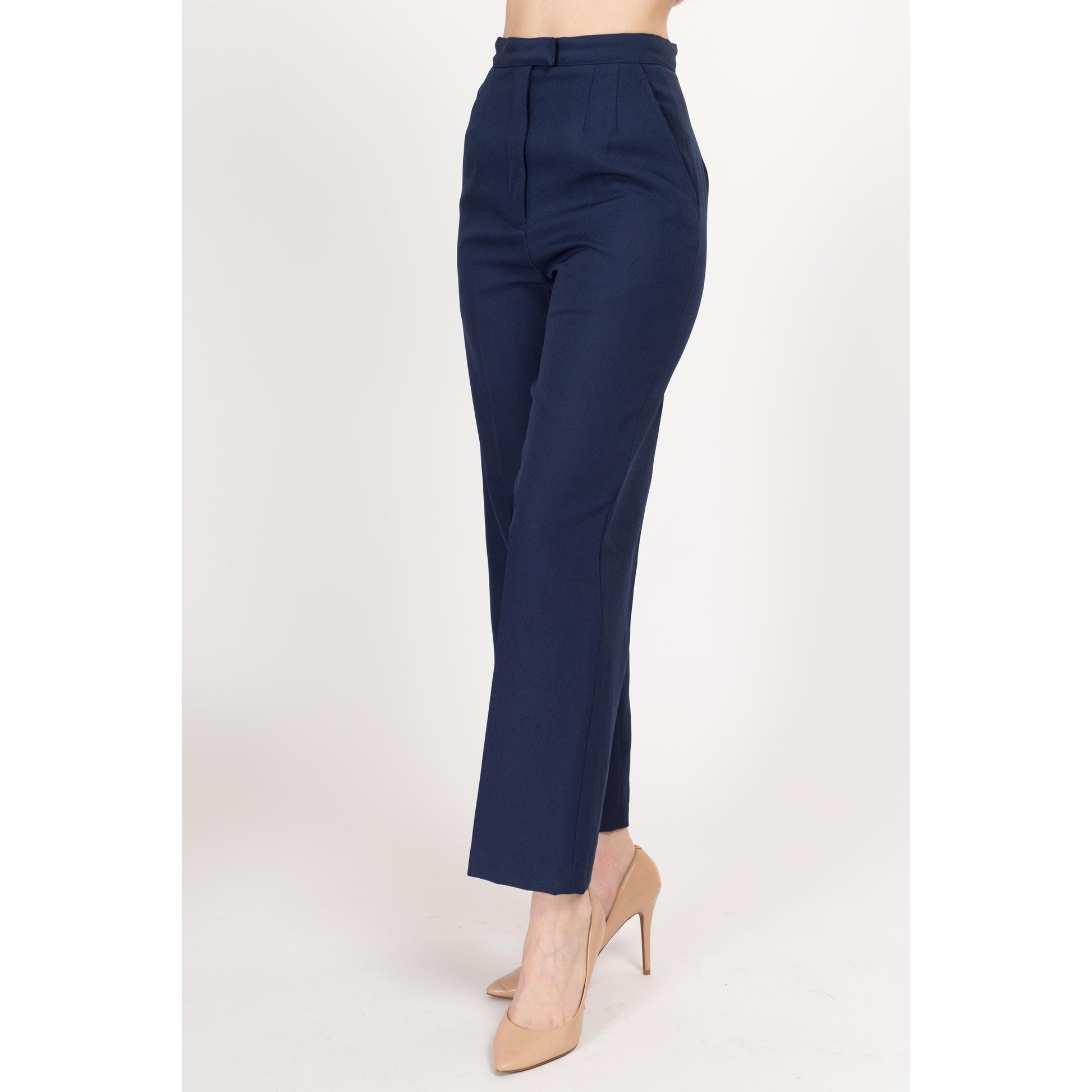 XS 70s Navy Blue High Waisted Trousers 25" | Vintage Pleated Straight Leg Pants