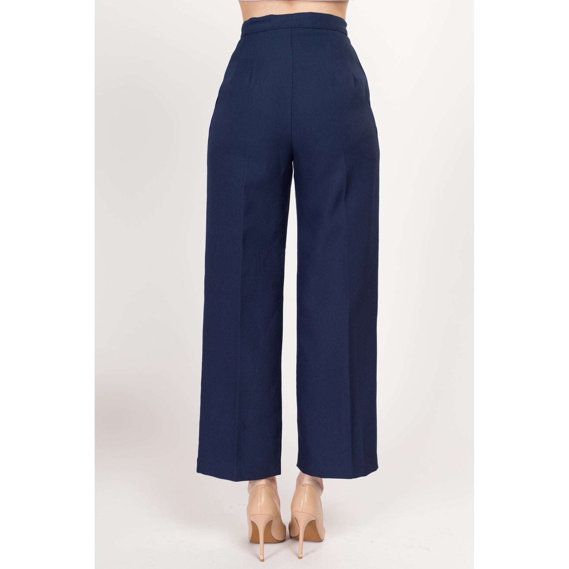 XS 70s Navy Blue High Waisted Trousers 25" | Vintage Pleated Straight Leg Pants