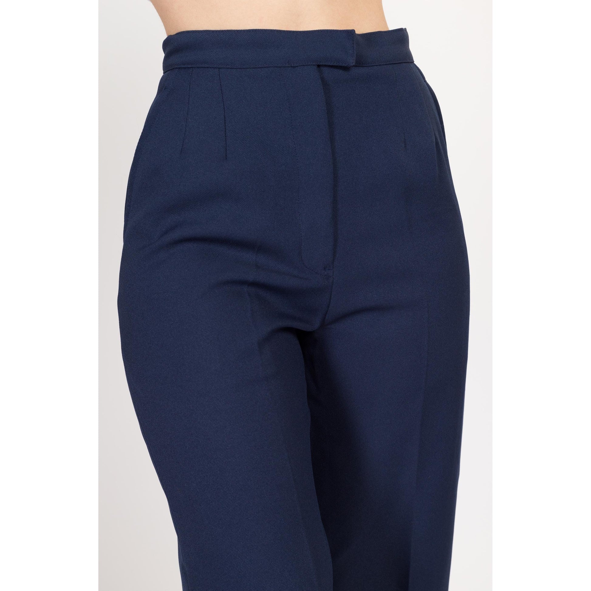 XS 70s Navy Blue High Waisted Trousers 25" | Vintage Pleated Straight Leg Pants