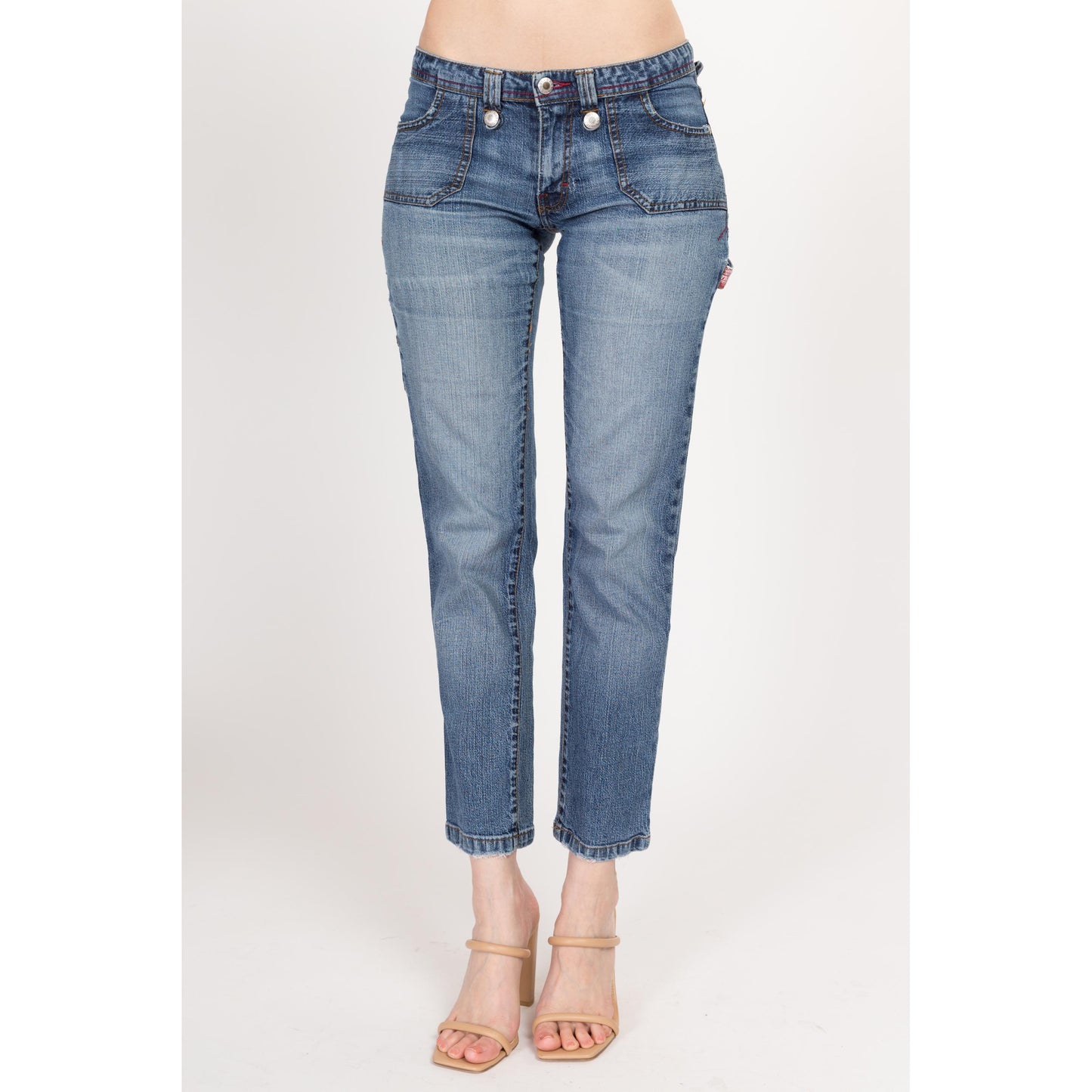 XS Y2K Low Rise Cargo Skinny Jeans | Vintage 2000s Stretch Denim Ankle Length Jeans