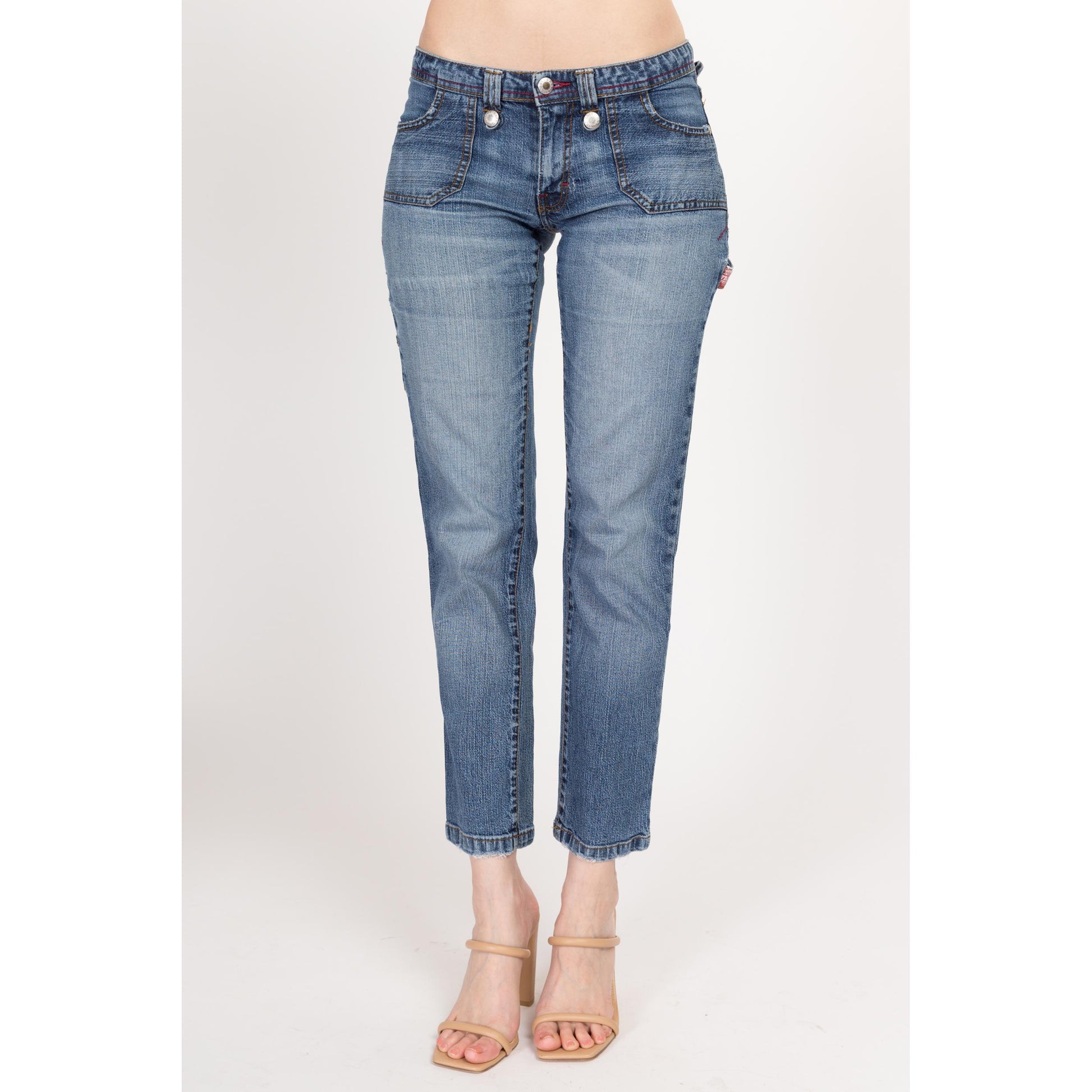 XS Y2K Low Rise Cargo Skinny Jeans | Vintage 2000s Stretch Denim Ankle Length Jeans
