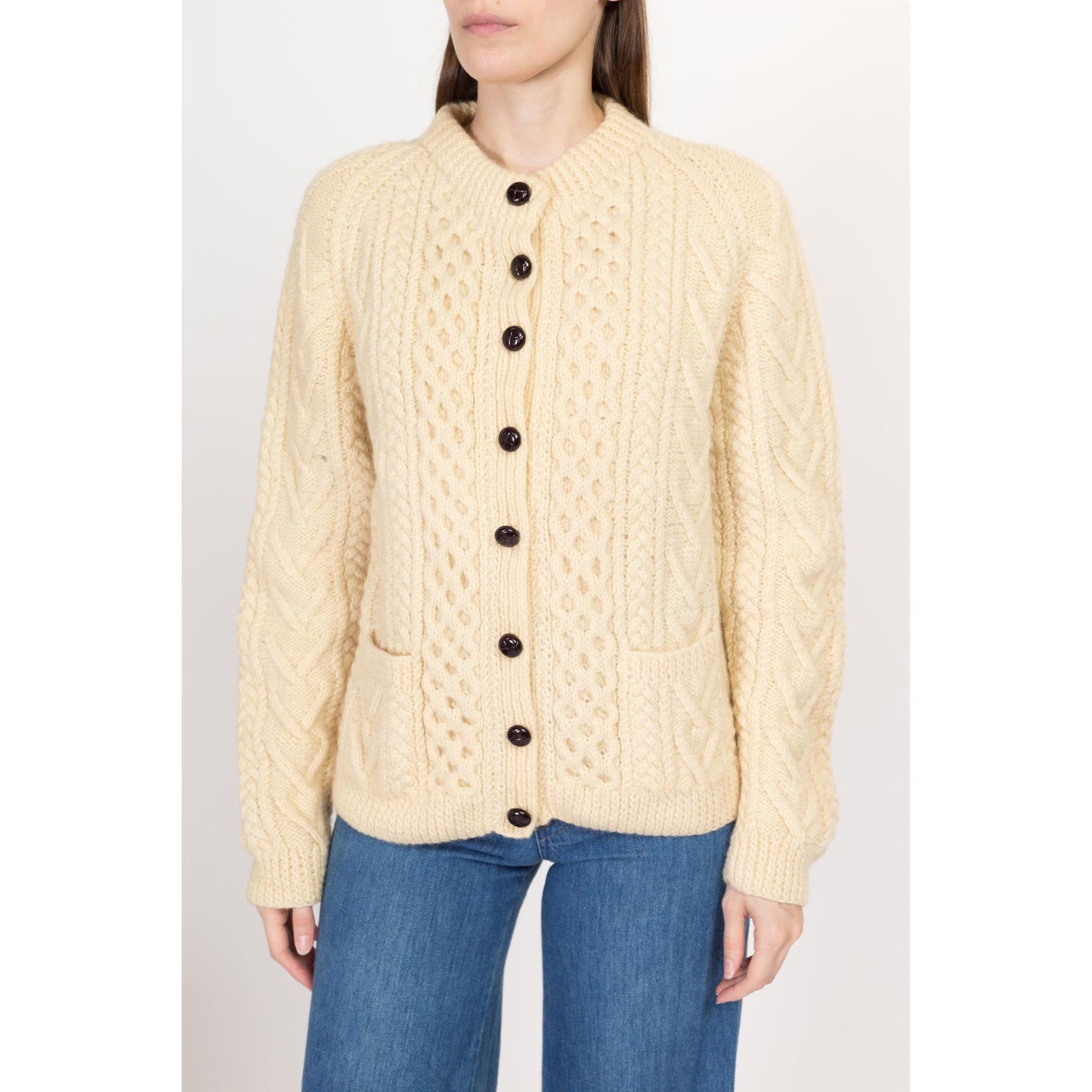 Large Vintage Irish Cable Knit Wool Fisherman Cardigan | 70s 80s Gaelterra Cream Chunky Knit Button Up Sweater