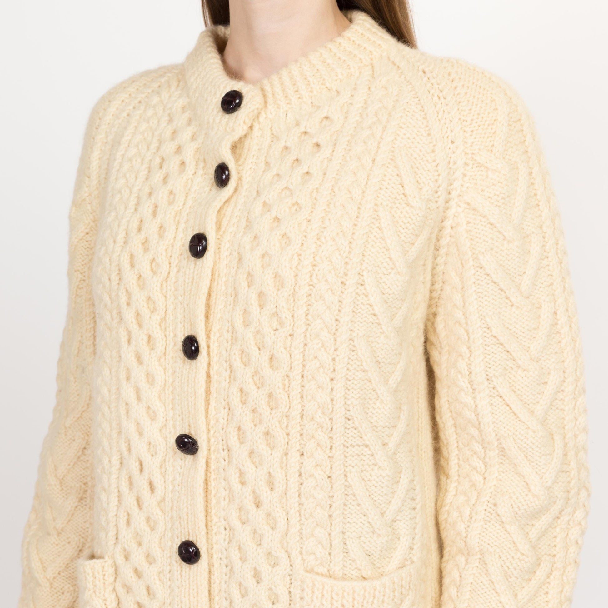 Large Vintage Irish Cable Knit Wool Fisherman Cardigan | 70s 80s Gaelterra Cream Chunky Knit Button Up Sweater