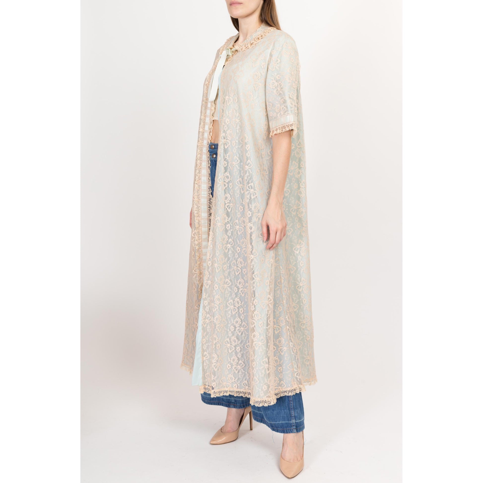 Medium 60s Blue & Ecru Lace Maxi Peignoir | Vintage Odette Barsa Ribbon Trim Dressing Gown