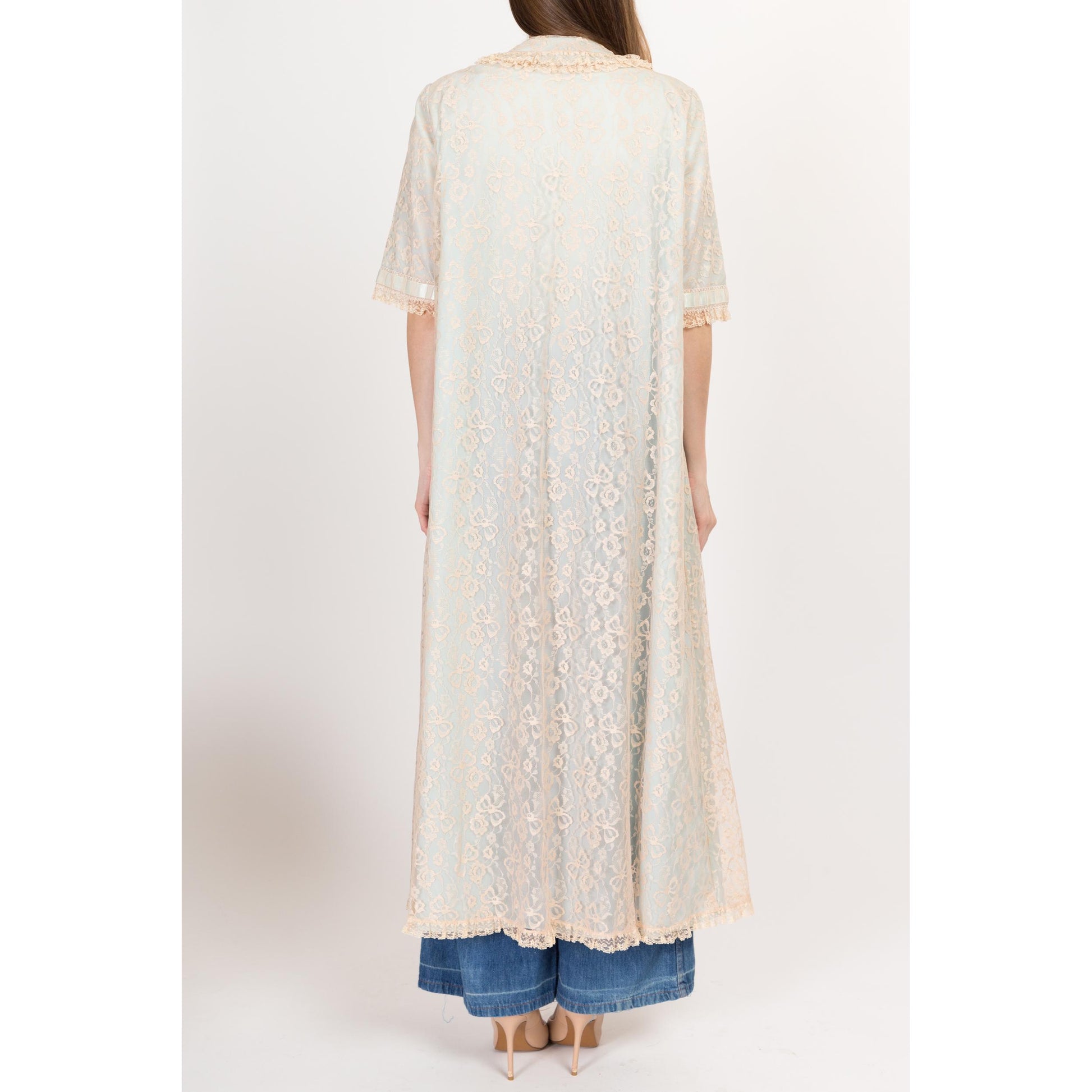 Medium 60s Blue & Ecru Lace Maxi Peignoir | Vintage Odette Barsa Ribbon Trim Dressing Gown