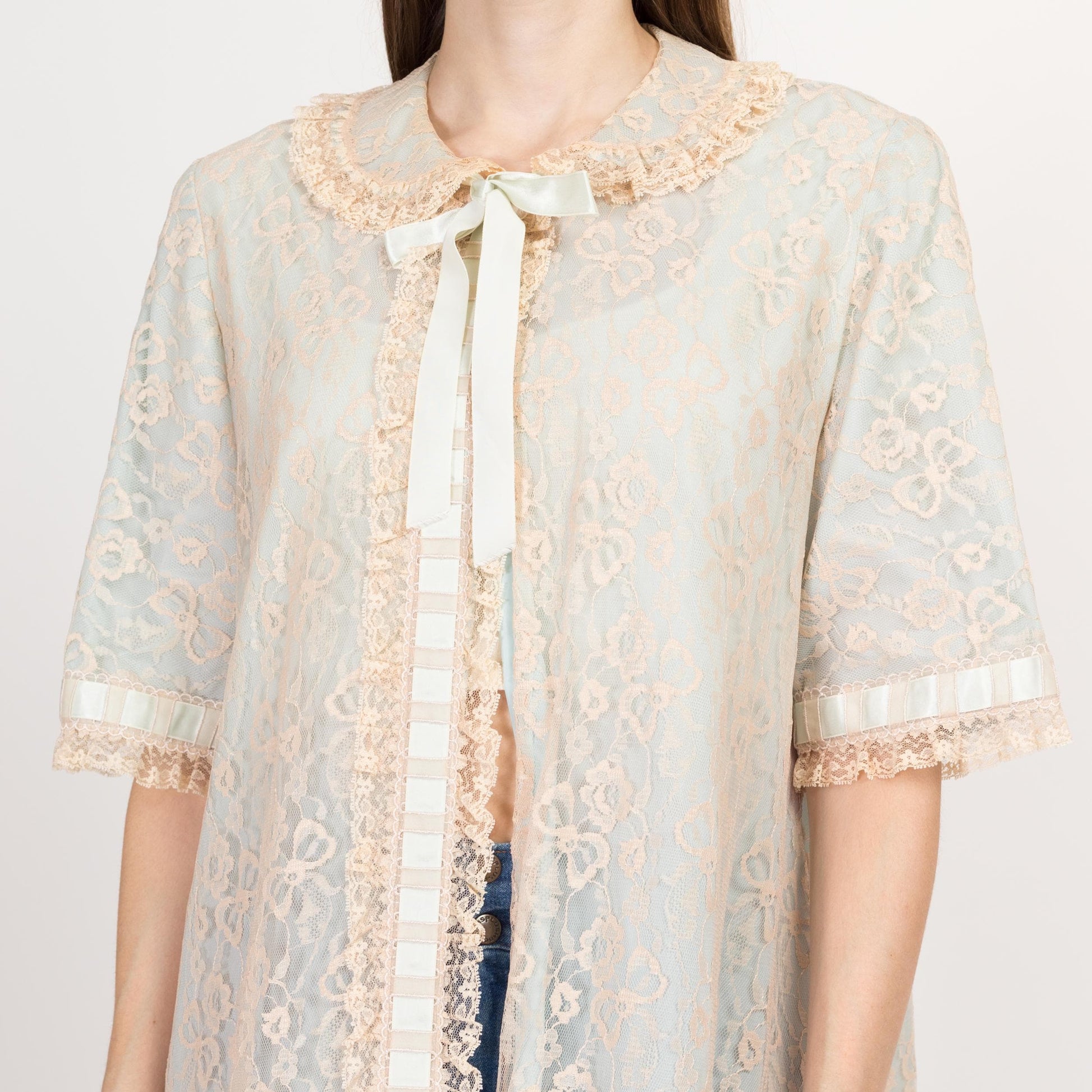 Medium 60s Blue & Ecru Lace Maxi Peignoir | Vintage Odette Barsa Ribbon Trim Dressing Gown