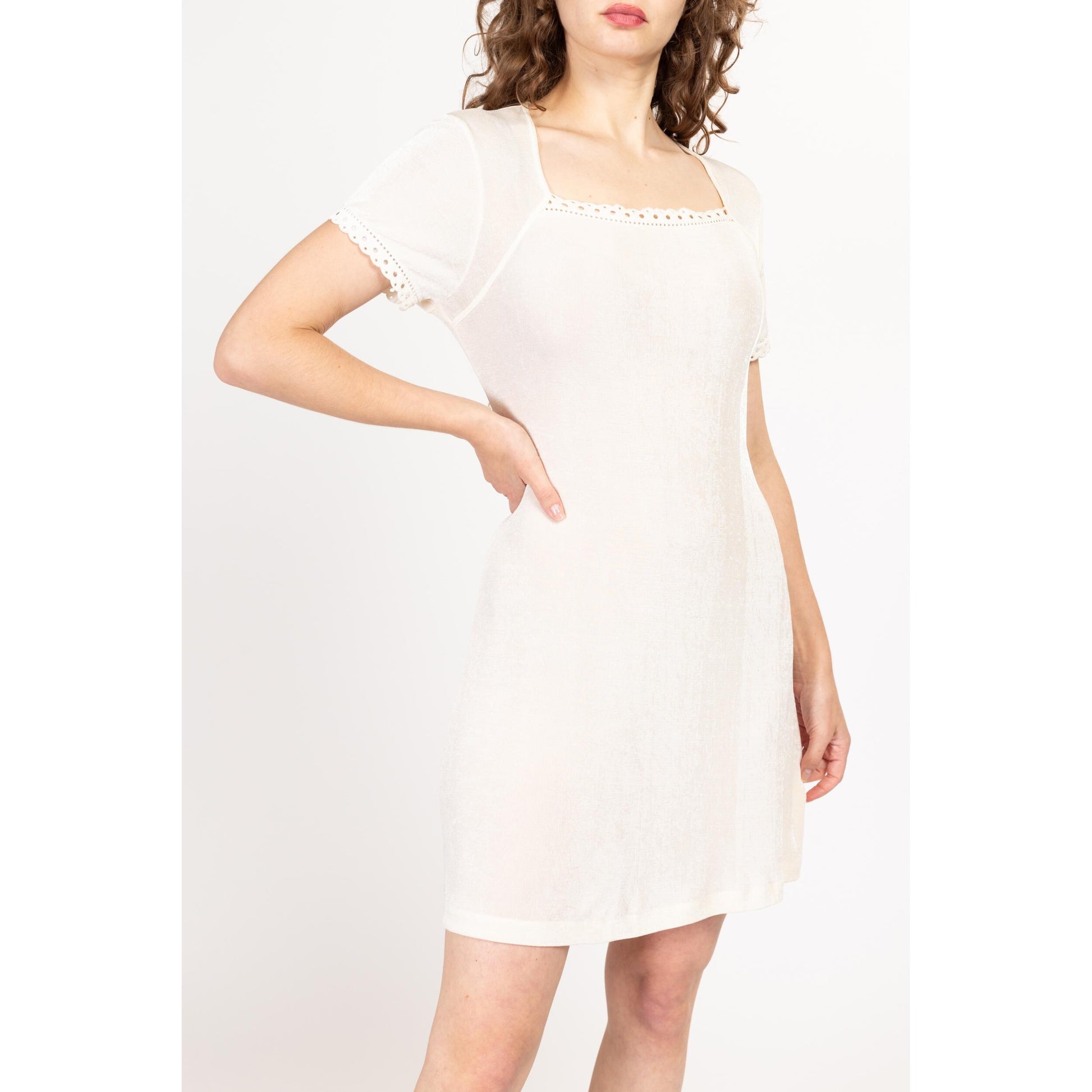 Medium 90s White Square Neck Slinky Mini Dress Flying Apple Vintage Medium 90s White Square Neck Slinky Mini Dress Flying Apple Vintage