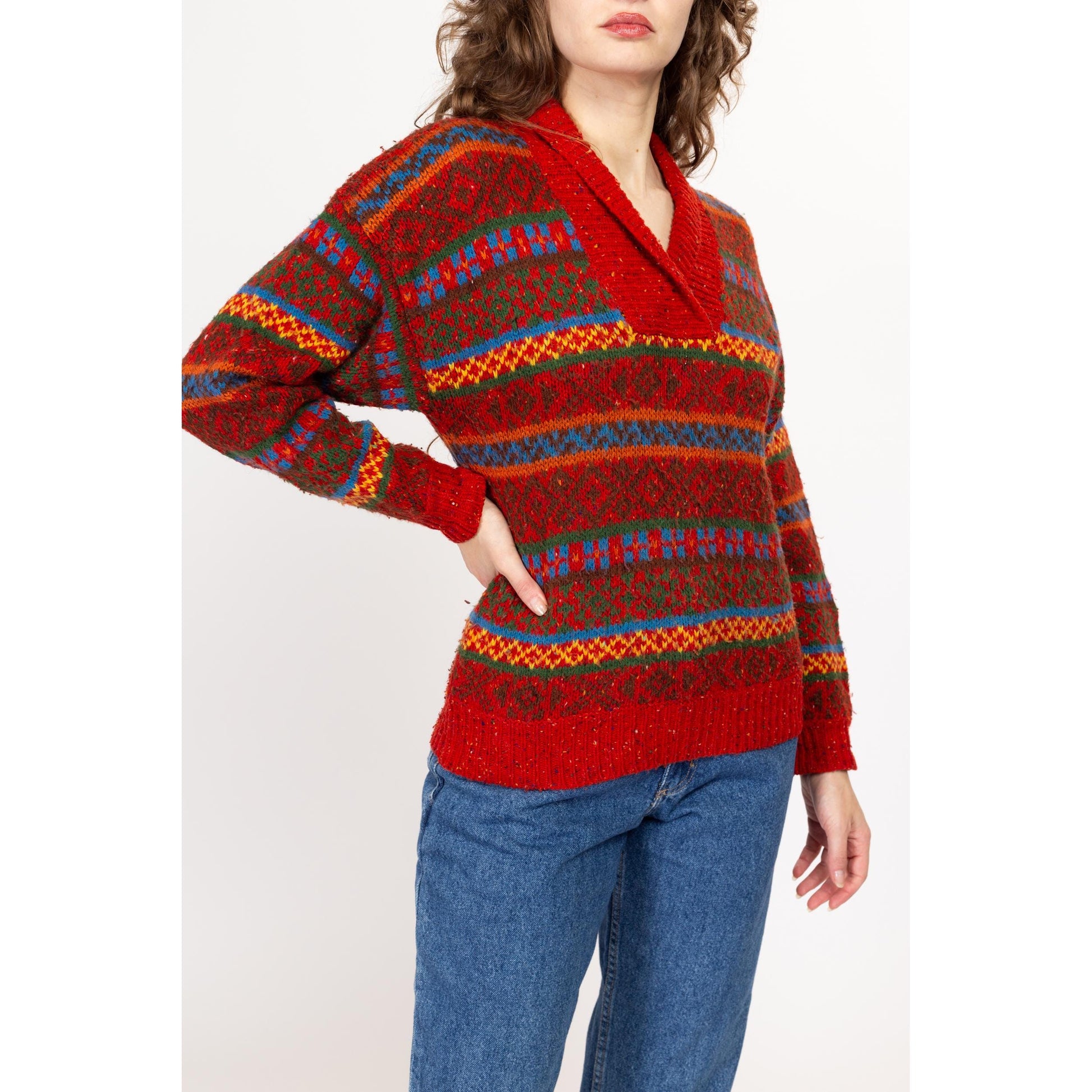 Small 90s Lizwear Burnt Orange Striped Shawl Collar Sweater | Vintage Colorful Knit Pullover
