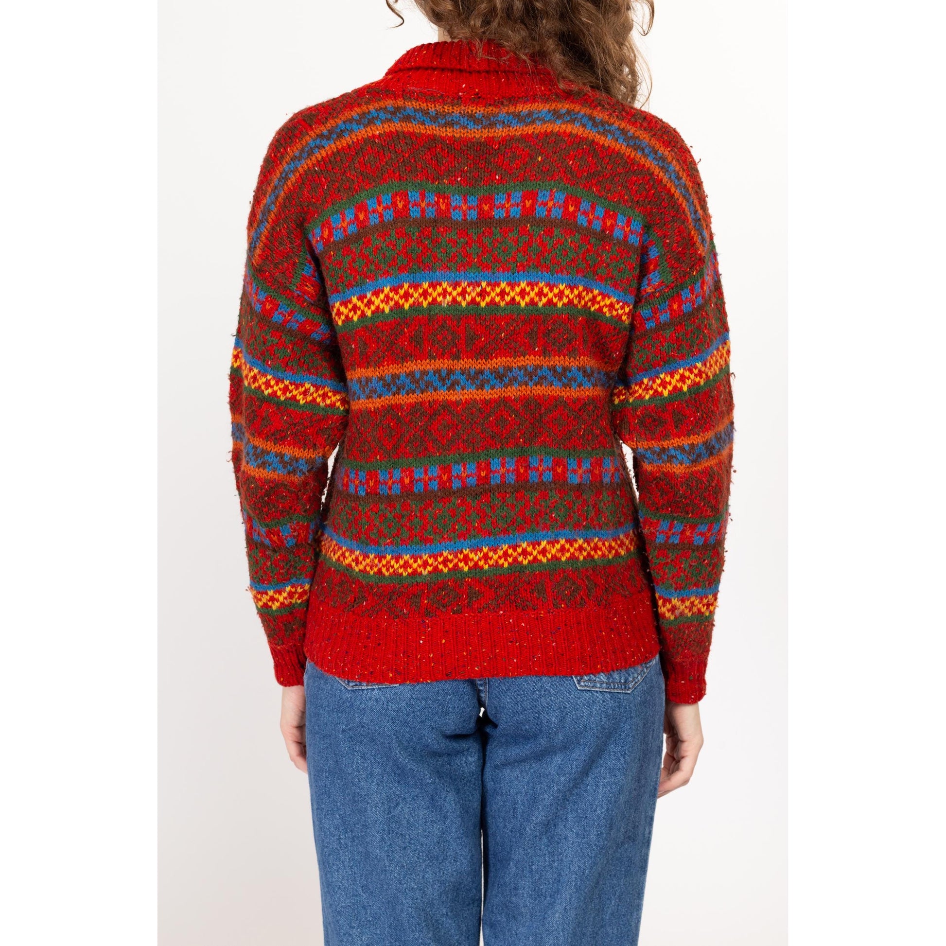 Small 90s Lizwear Burnt Orange Striped Shawl Collar Sweater | Vintage Colorful Knit Pullover