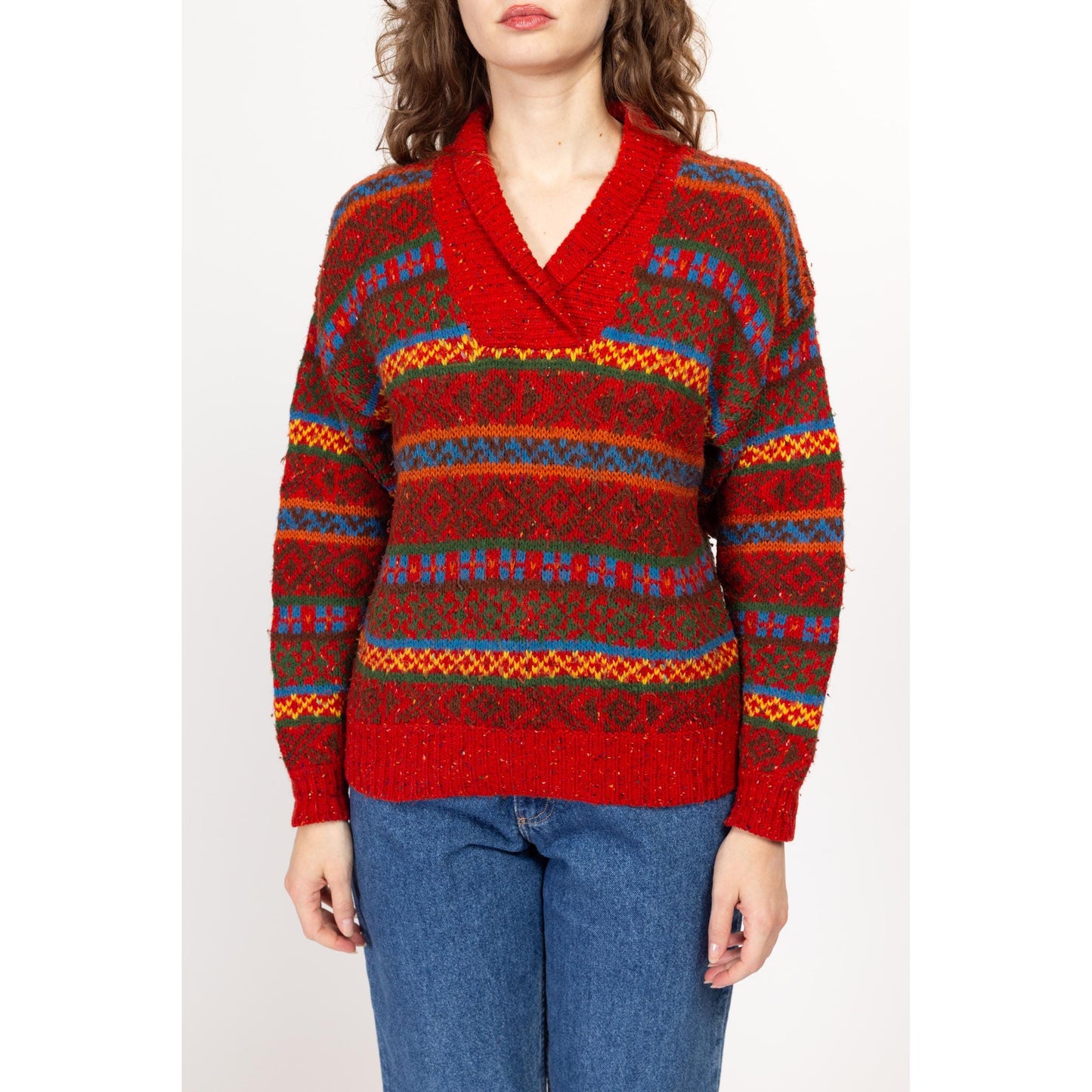 Small 90s Lizwear Burnt Orange Striped Shawl Collar Sweater | Vintage Colorful Knit Pullover