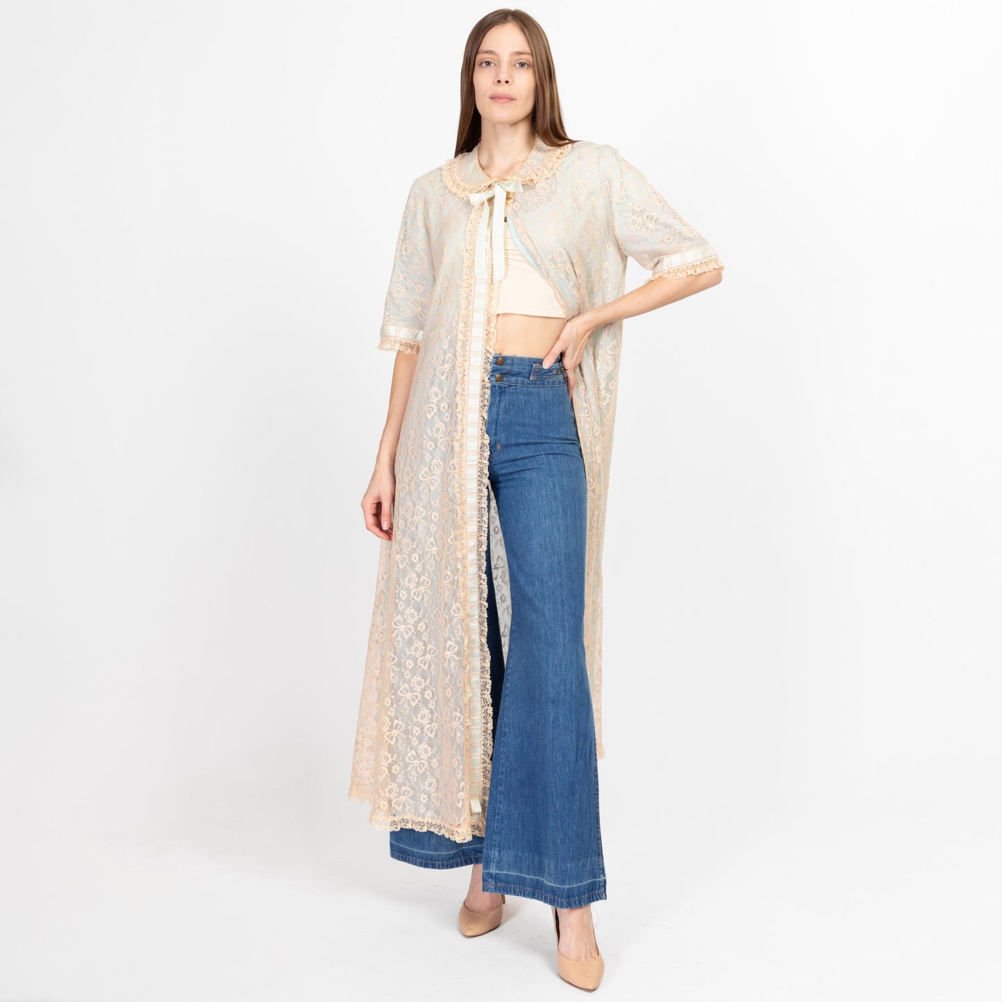Medium 60s Blue & Ecru Lace Maxi Peignoir | Vintage Odette Barsa Ribbon Trim Dressing Gown