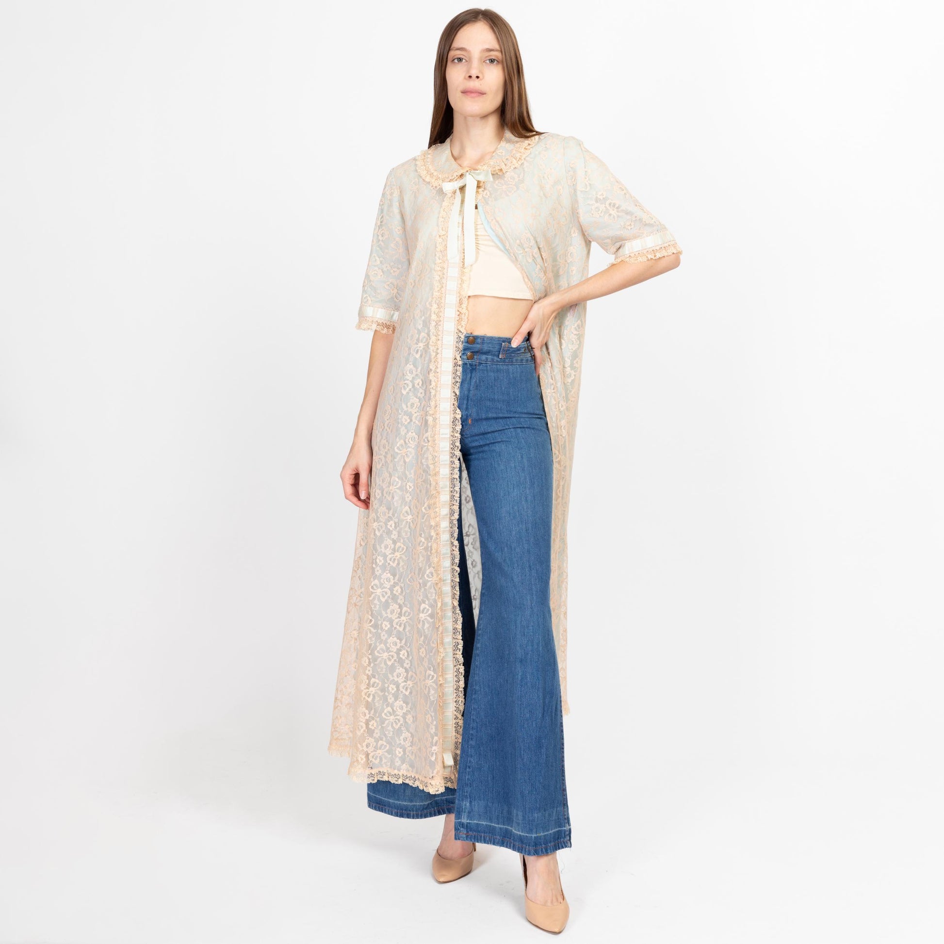 Medium 60s Blue & Ecru Lace Maxi Peignoir | Vintage Odette Barsa Ribbon Trim Dressing Gown