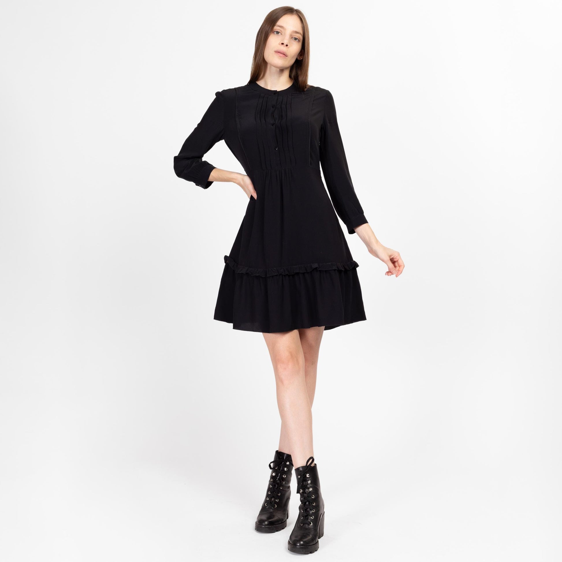 Small Y2K Miu Miu Black Silk Gothic Mini Dress | Vintage Designer 3/4 Sleeve Ruffle Party Dress