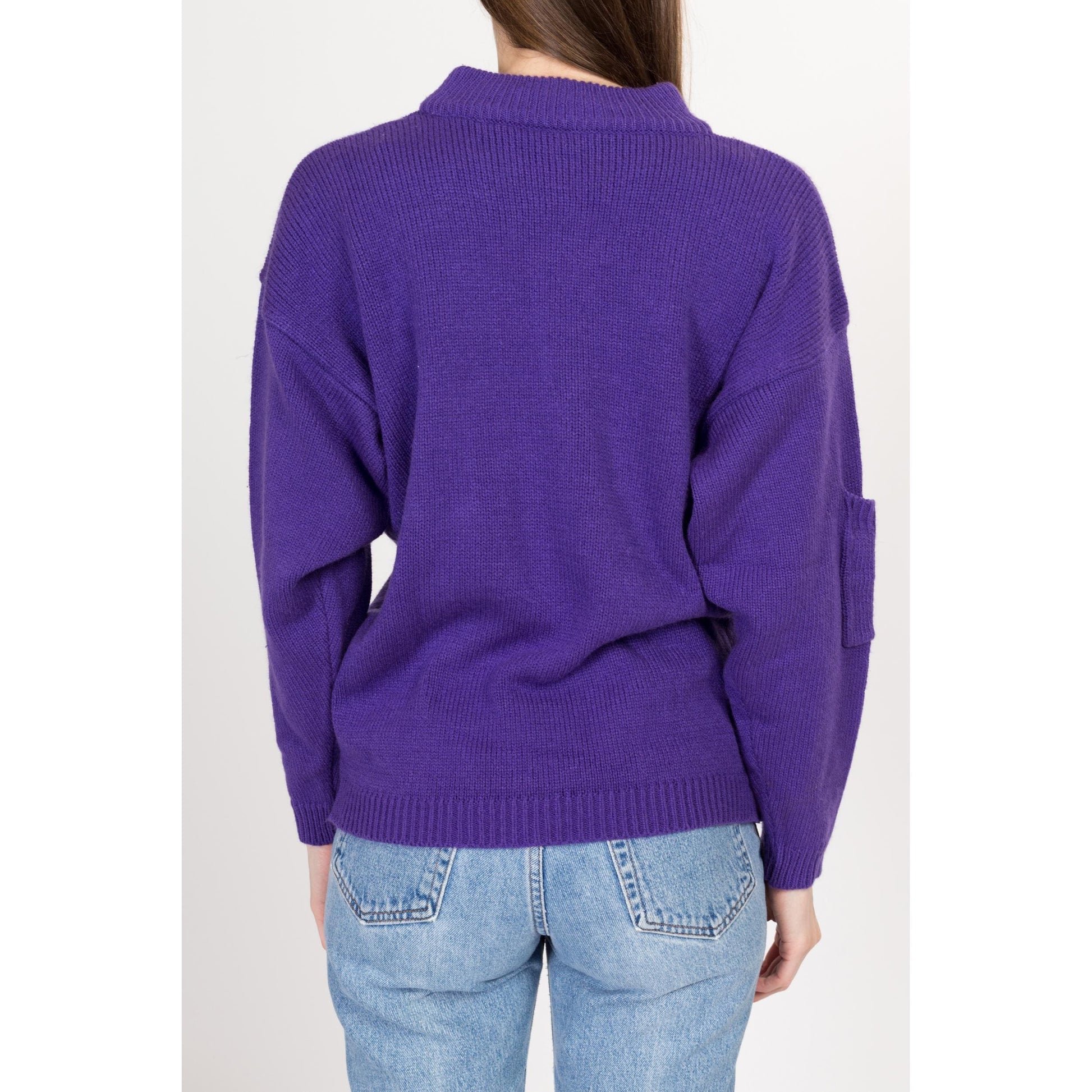 Large 80s Purple Mockneck Pocket Sweater | Vintage Plain Knit Slouchy Pullover
