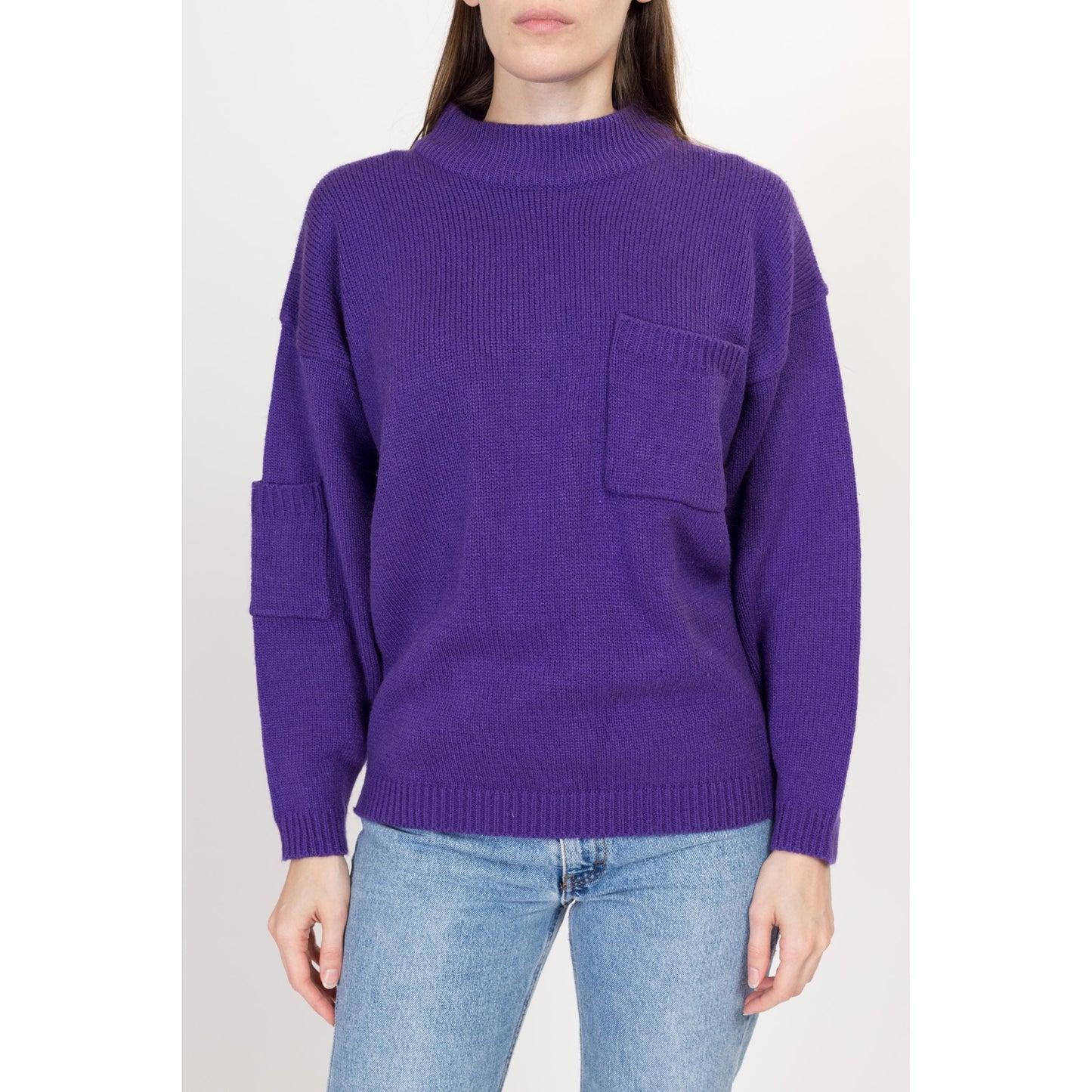 Large 80s Purple Mockneck Pocket Sweater | Vintage Plain Knit Slouchy Pullover