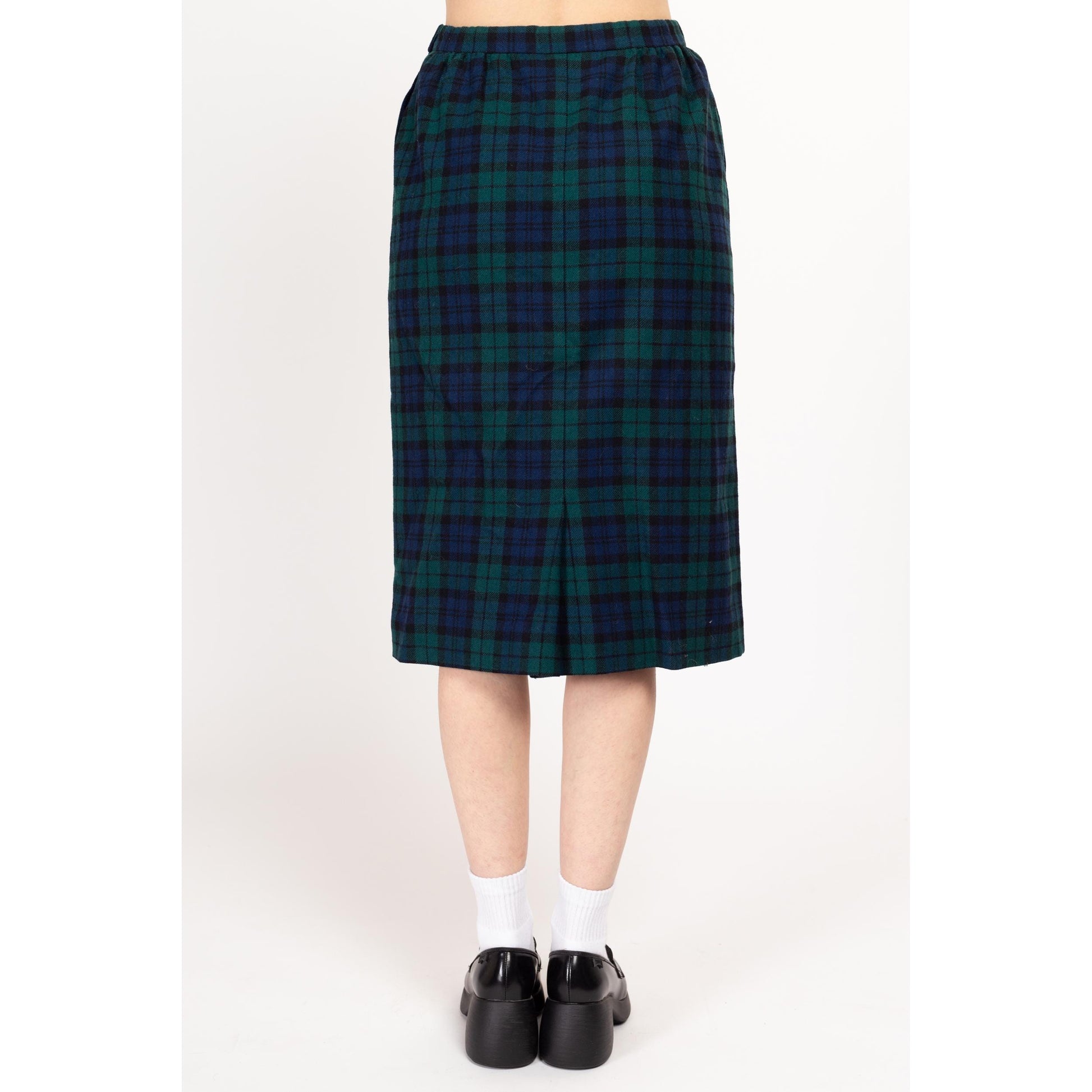 Medium 80s Pendleton Black Watch Tartan Wool Jacket & Midi Skirt Set Size 8 | Vintage Green Navy Blue Plaid Matching Two Piece Blazer Suit